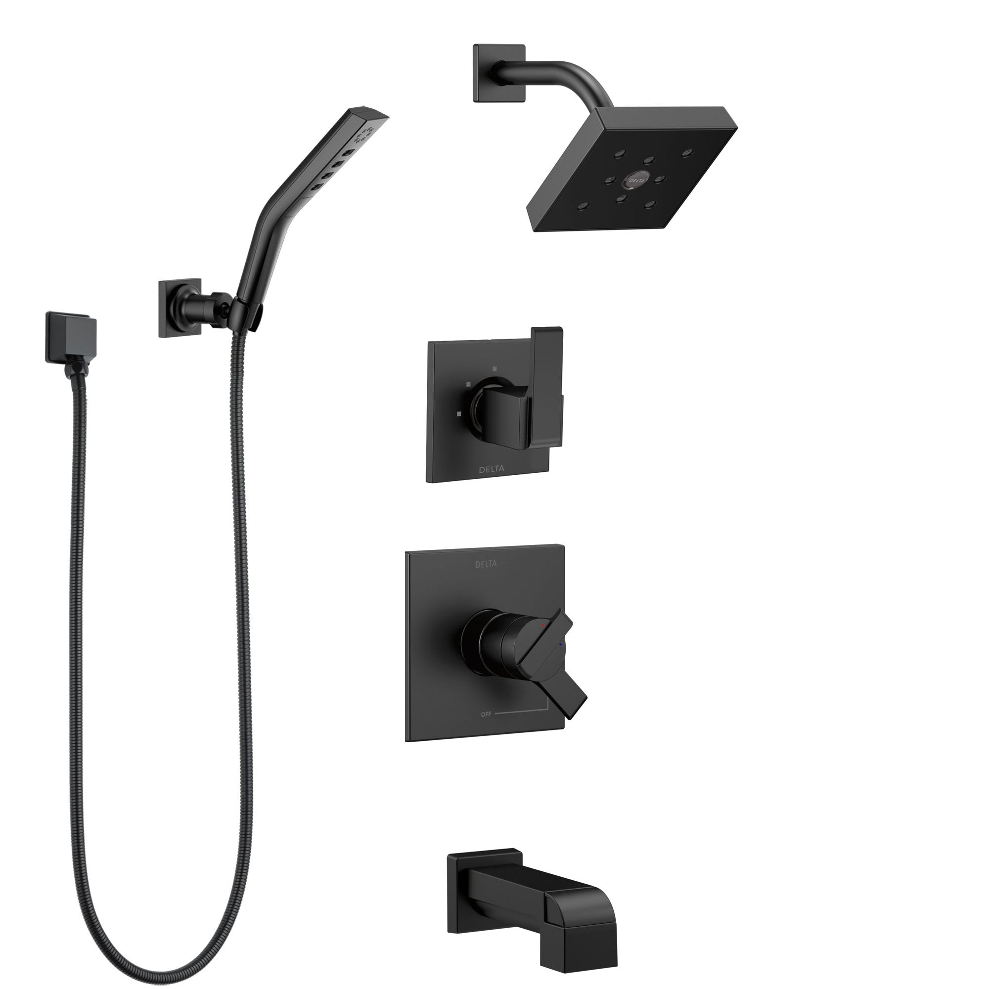 Delta Ara Matte Black Finish Modern Square Complete Tub Shower System with Wall Bracket Hand Sprayer and Wall Mount Showerhead SS174673BL3