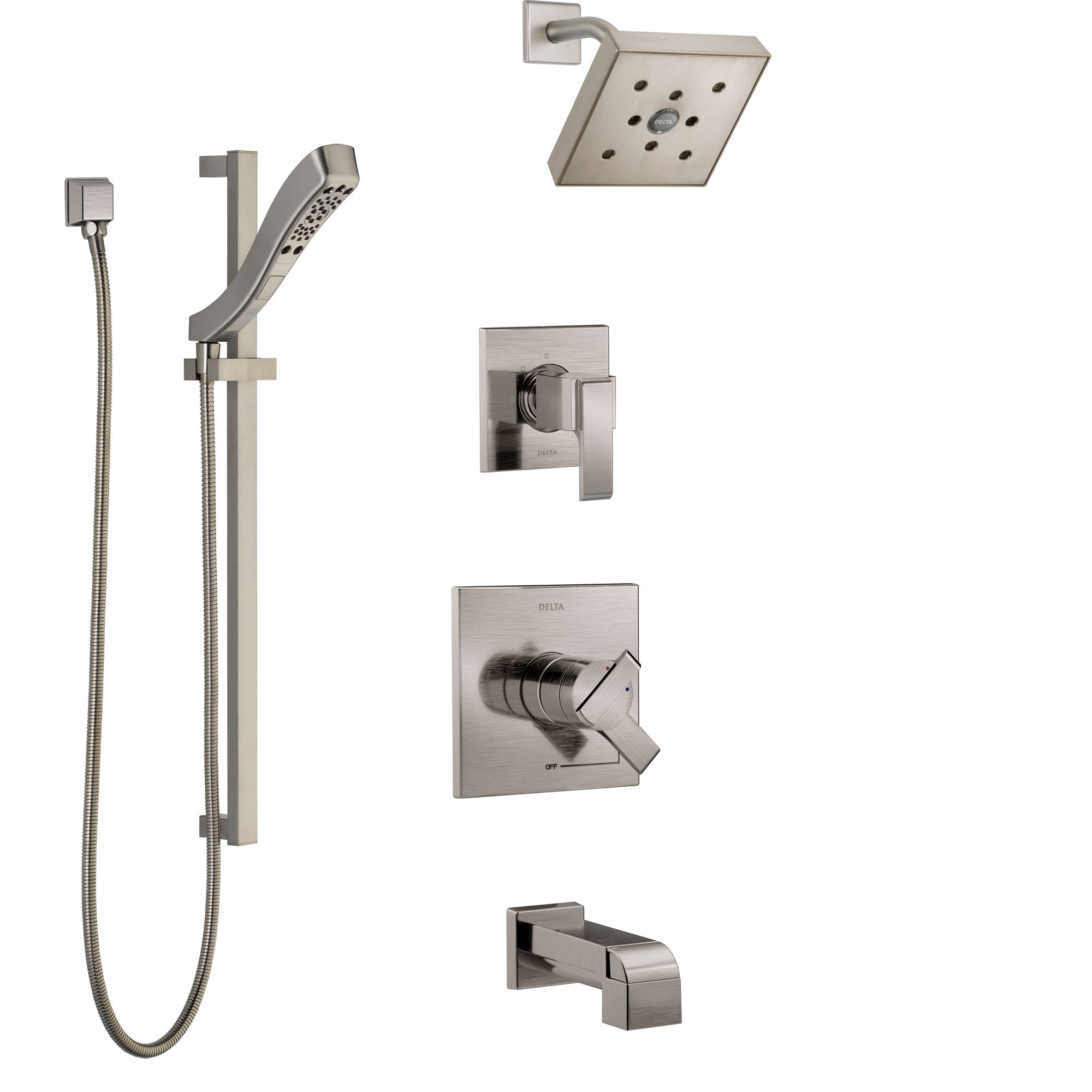 Delta Ara Stainless Steel Finish Tub and Shower System with Dual Control Handle, Diverter, Showerhead, and Hand Shower with Slidebar SS17467SS5