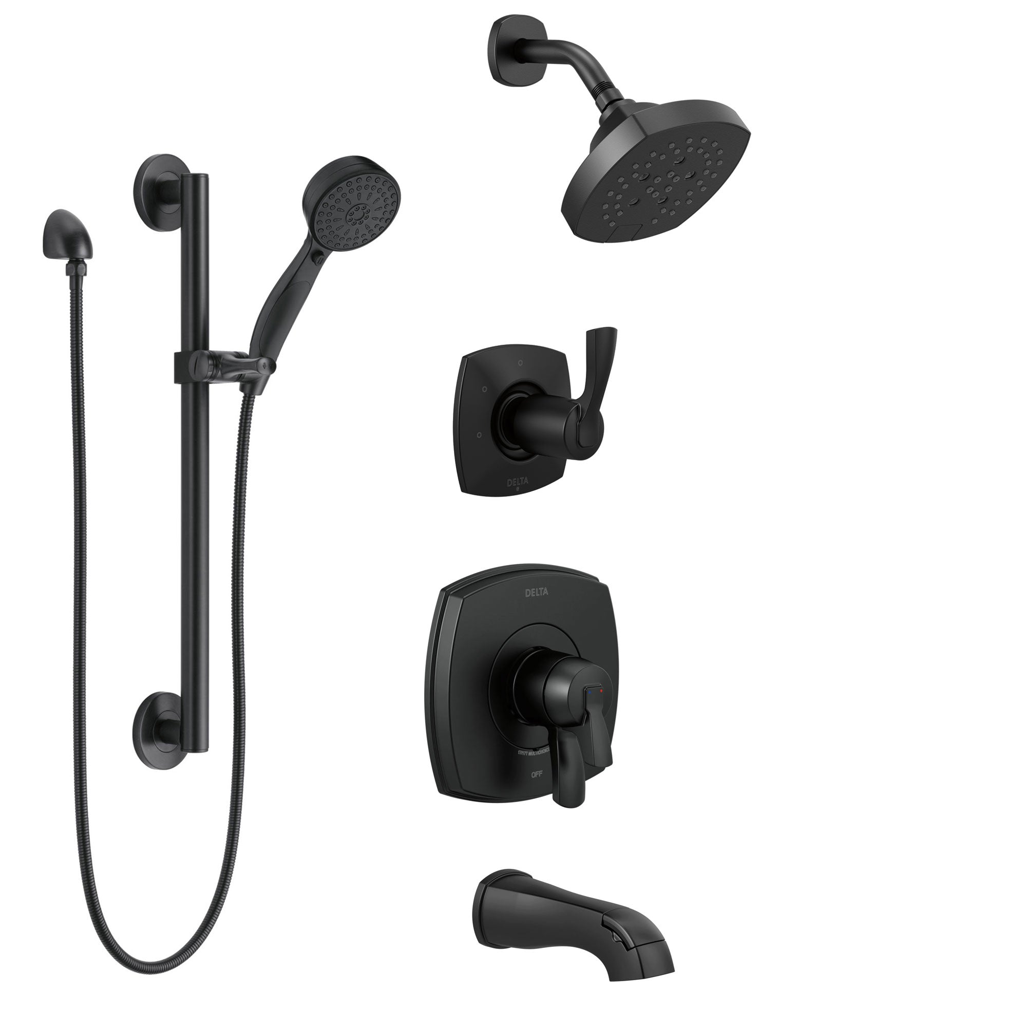 Delta Stryke Matte Black Finish Modern Tub and Shower System with Diverter, Grab Bar Mount Hand Shower, and Multi-Setting Showerhead SS174763BL1