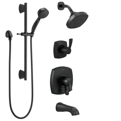 Delta Stryke Matte Black Finish Modern Tub and Shower System with Diverter, Slide Bar Mount Hand Shower, and Multi-Setting Showerhead SS174763BL2