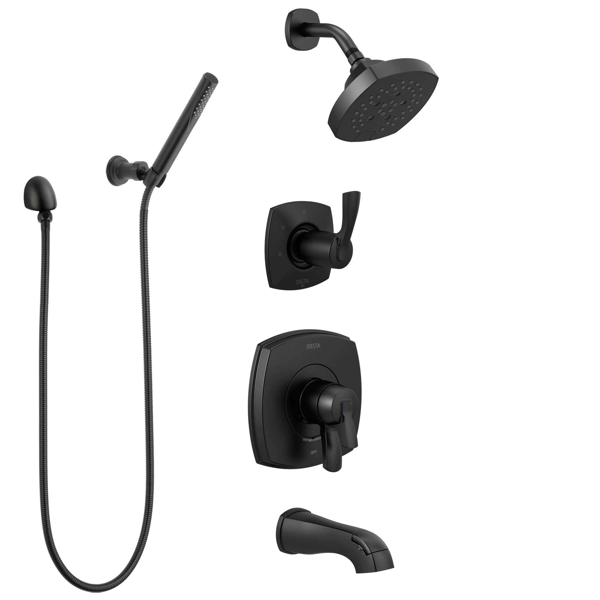 Delta Stryke Matte Black Finish Modern Tub and Shower System with Diverter, Wall Mount Hand Shower, and Multi-Setting Showerhead SS174763BL3