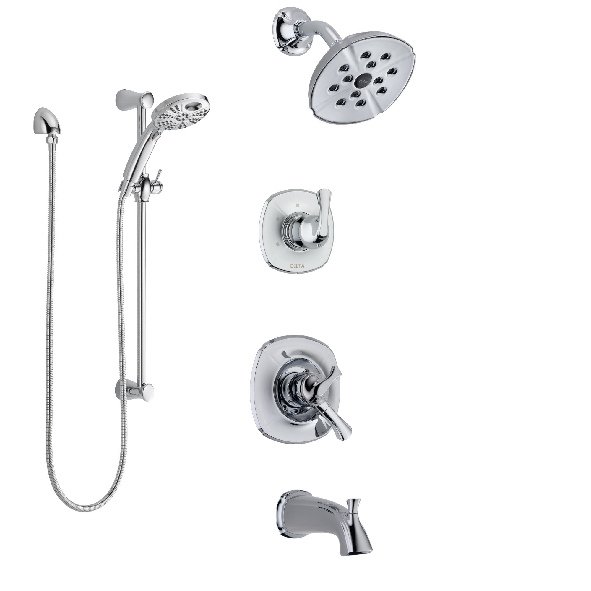 Delta Addison Chrome Finish Dual Control Handle Tub and Shower System, 3-Setting Diverter, Showerhead, and Temp2O Hand Shower with Slidebar SS174924