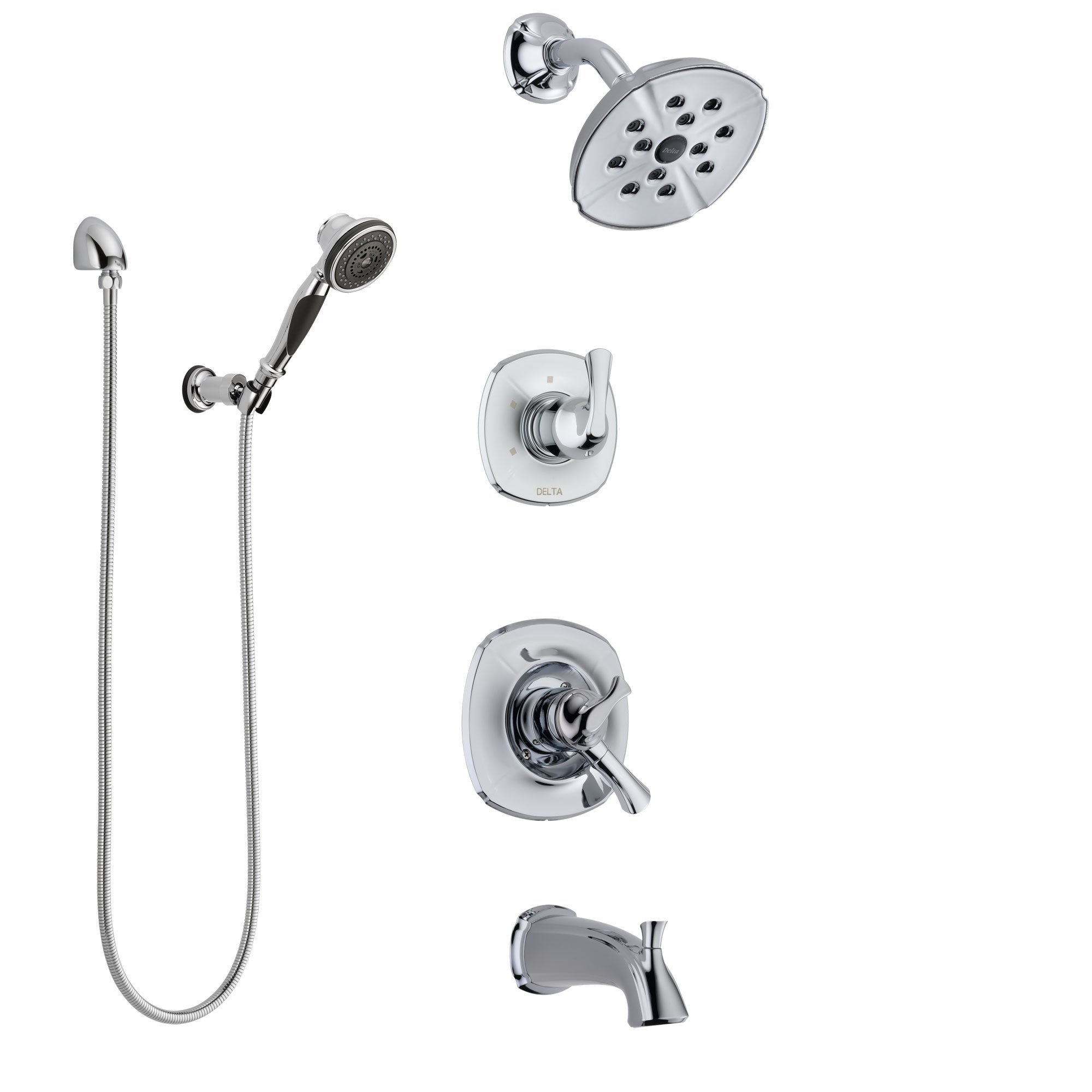 Delta Addison Chrome Finish Tub and Shower System with Dual Control Handle, 3-Setting Diverter, Showerhead, and Hand Shower with Wall Bracket SS174926