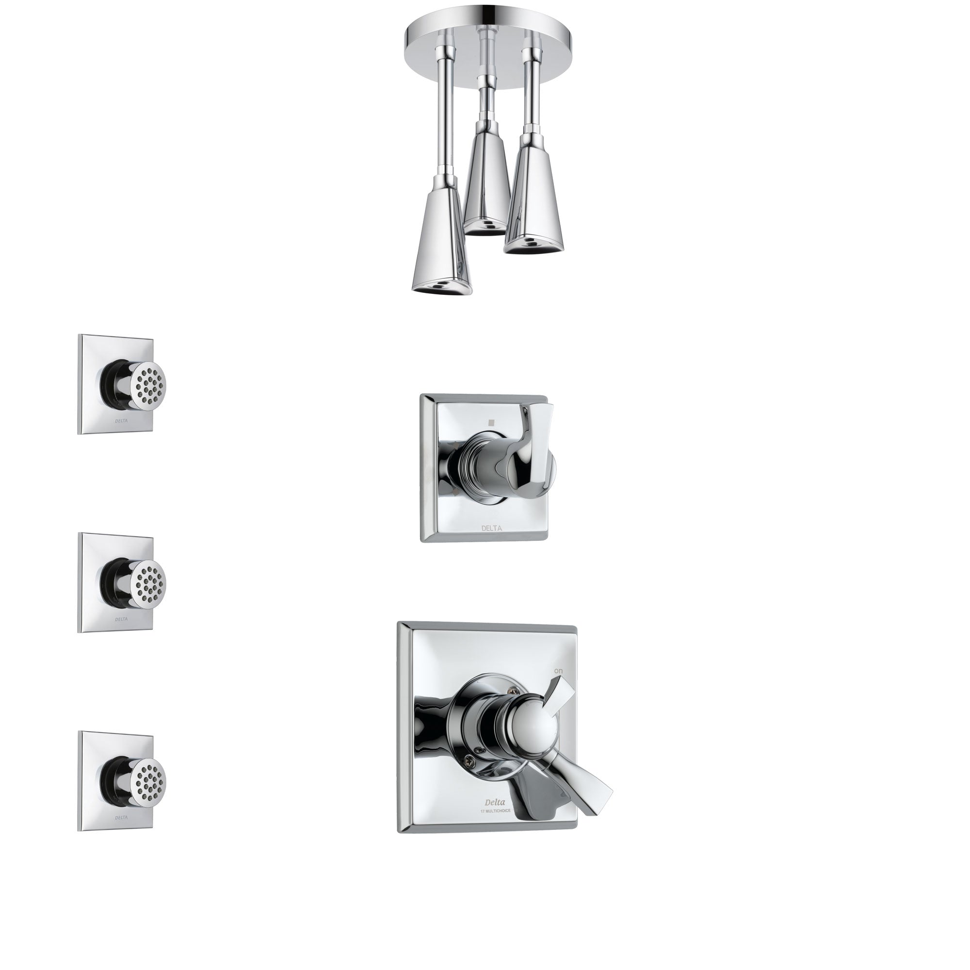 Delta Dryden Chrome Finish Shower System with Dual Control Handle, 3-Setting Diverter, Ceiling Mount Showerhead, and 3 Body Sprays SS17513