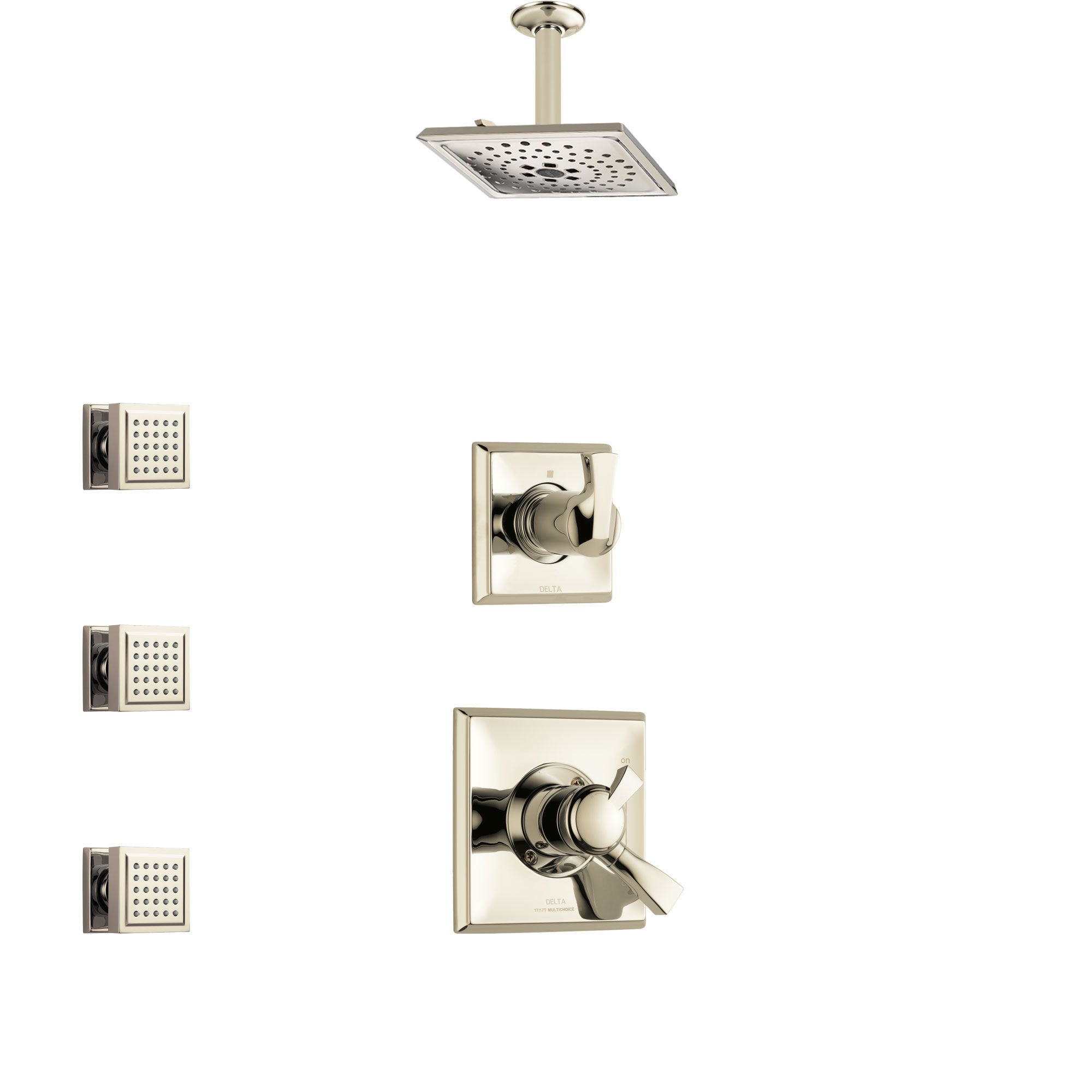 Delta Dryden Polished Nickel Finish Shower System with Dual Control Handle, 3-Setting Diverter, Ceiling Mount Showerhead, and 3 Body Sprays SS1751PN5