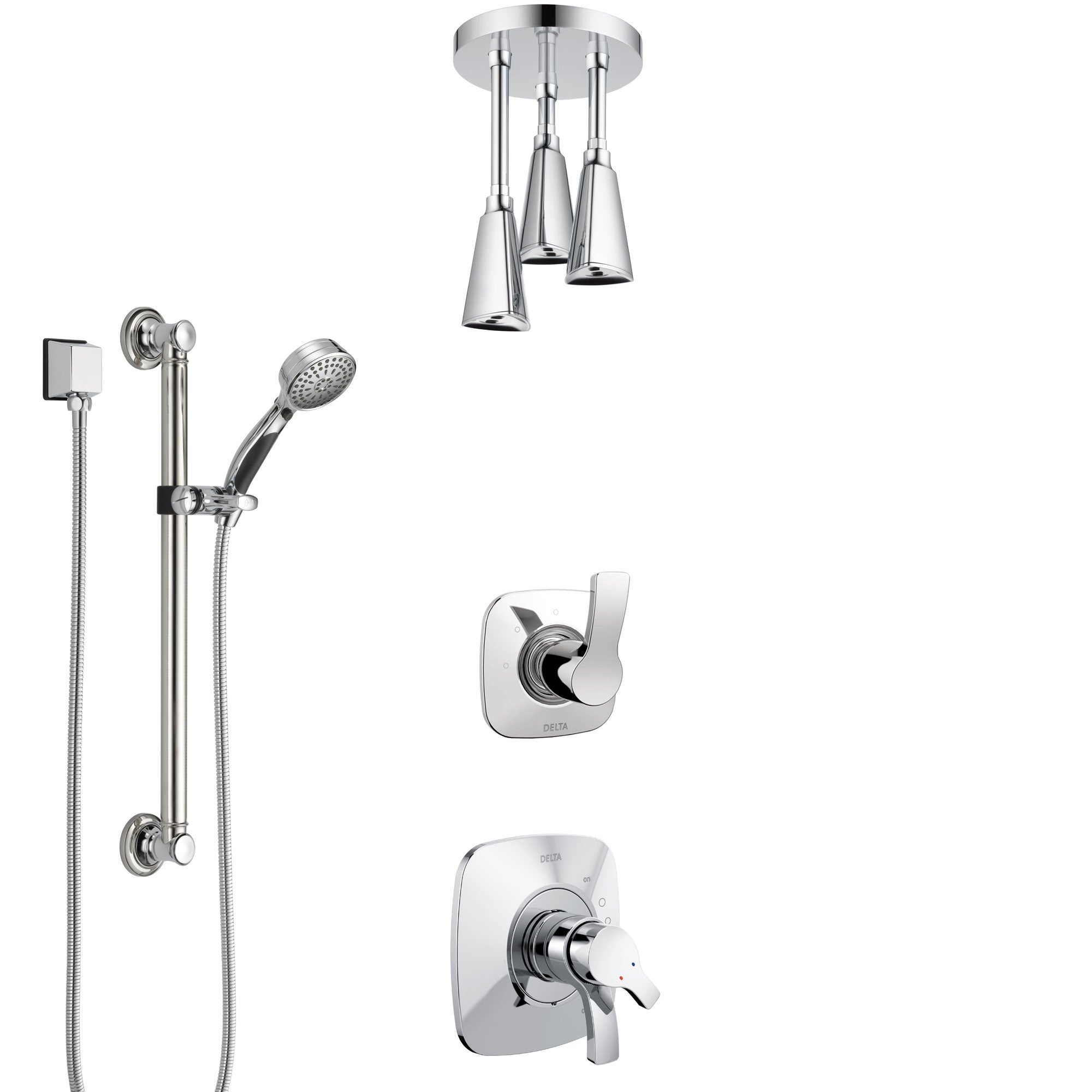 Delta Tesla Chrome Finish Shower System with Dual Control Handle, 3-Setting Diverter, Ceiling Mount Showerhead, and Hand Shower with Grab Bar SS17525