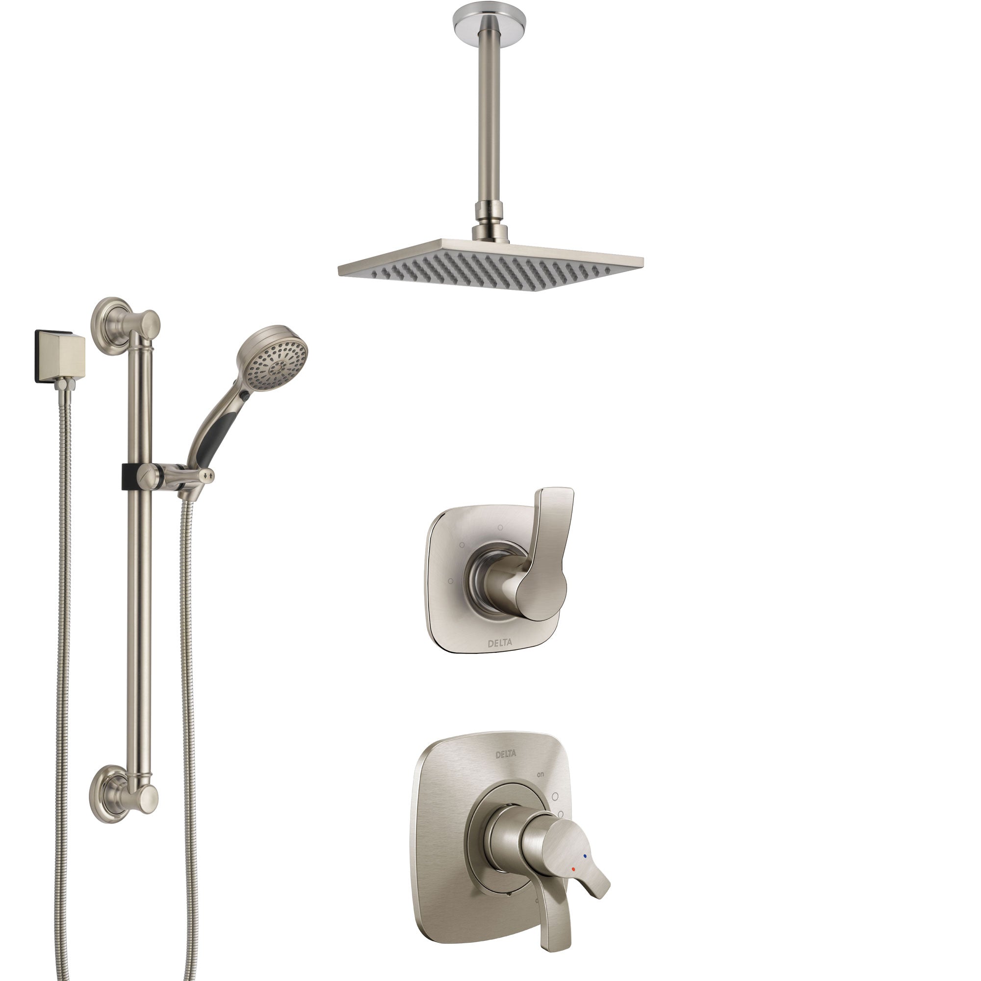 Delta Tesla Stainless Steel Finish Shower System with Dual Control Handle, Diverter, Ceiling Mount Showerhead, and Hand Shower with Grab Bar SS1752SS1