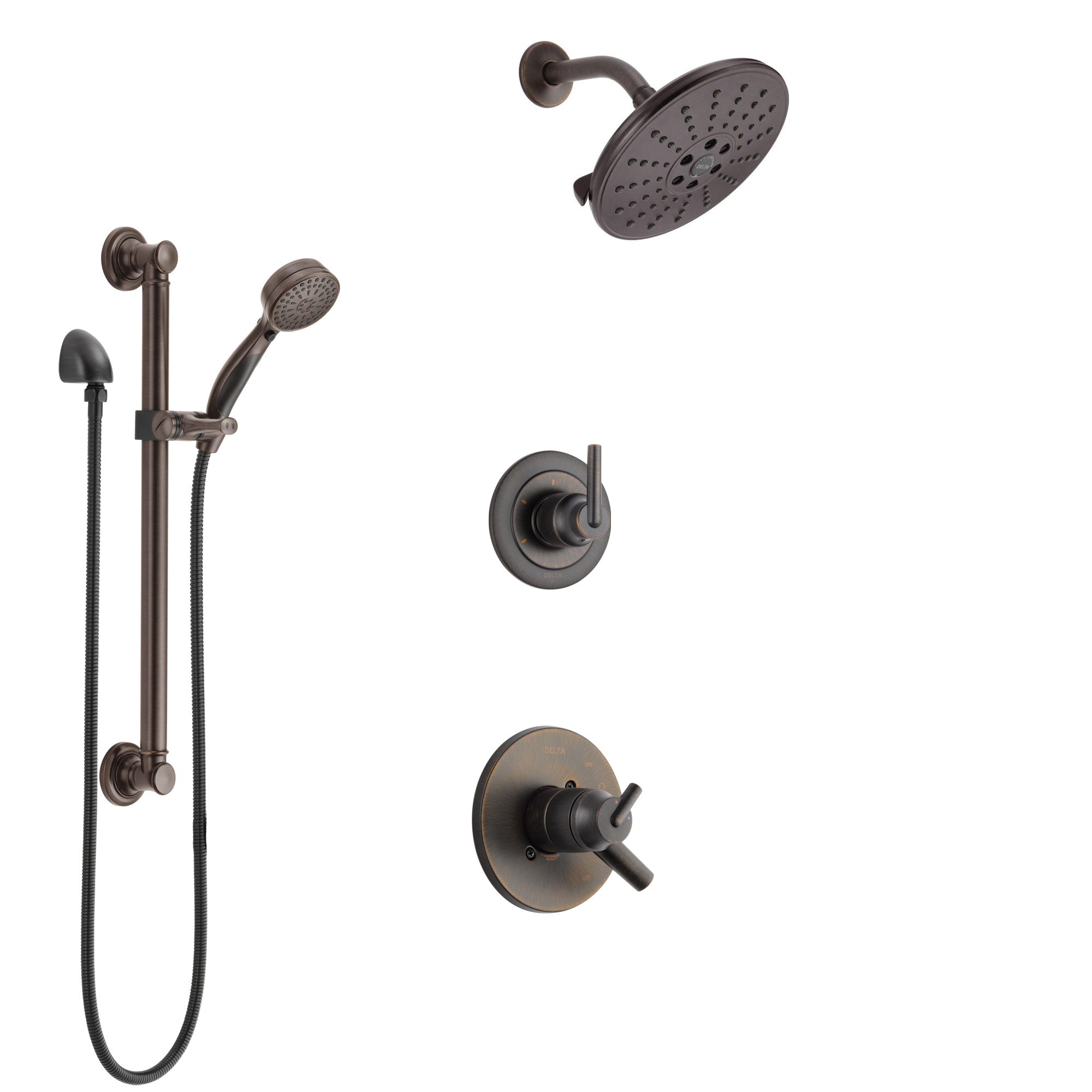 Delta Trinsic Venetian Bronze Finish Shower System with Dual Control Handle, 3-Setting Diverter, Showerhead, and Hand Shower with Grab Bar SS1759RB2