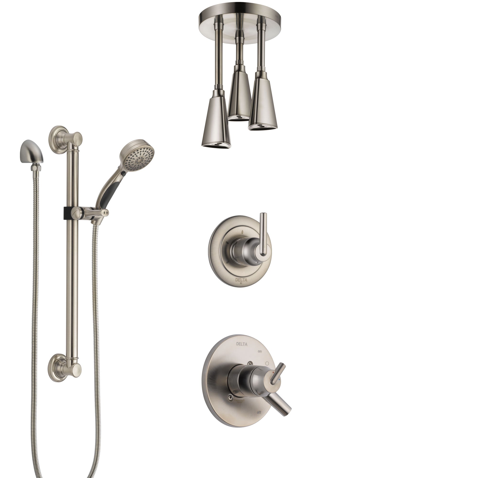 Delta Trinsic Dual Control Handle Stainless Steel Finish Shower System, Diverter, Ceiling Mount Showerhead, and Hand Shower with Grab Bar SS1759SS6