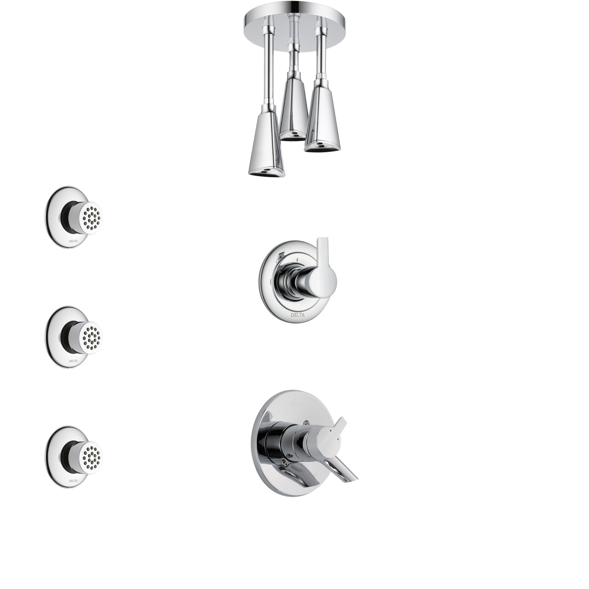 Delta Compel Chrome Finish Shower System with Dual Control Handle, 3-Setting Diverter, Ceiling Mount Showerhead, and 3 Body Sprays SS17615