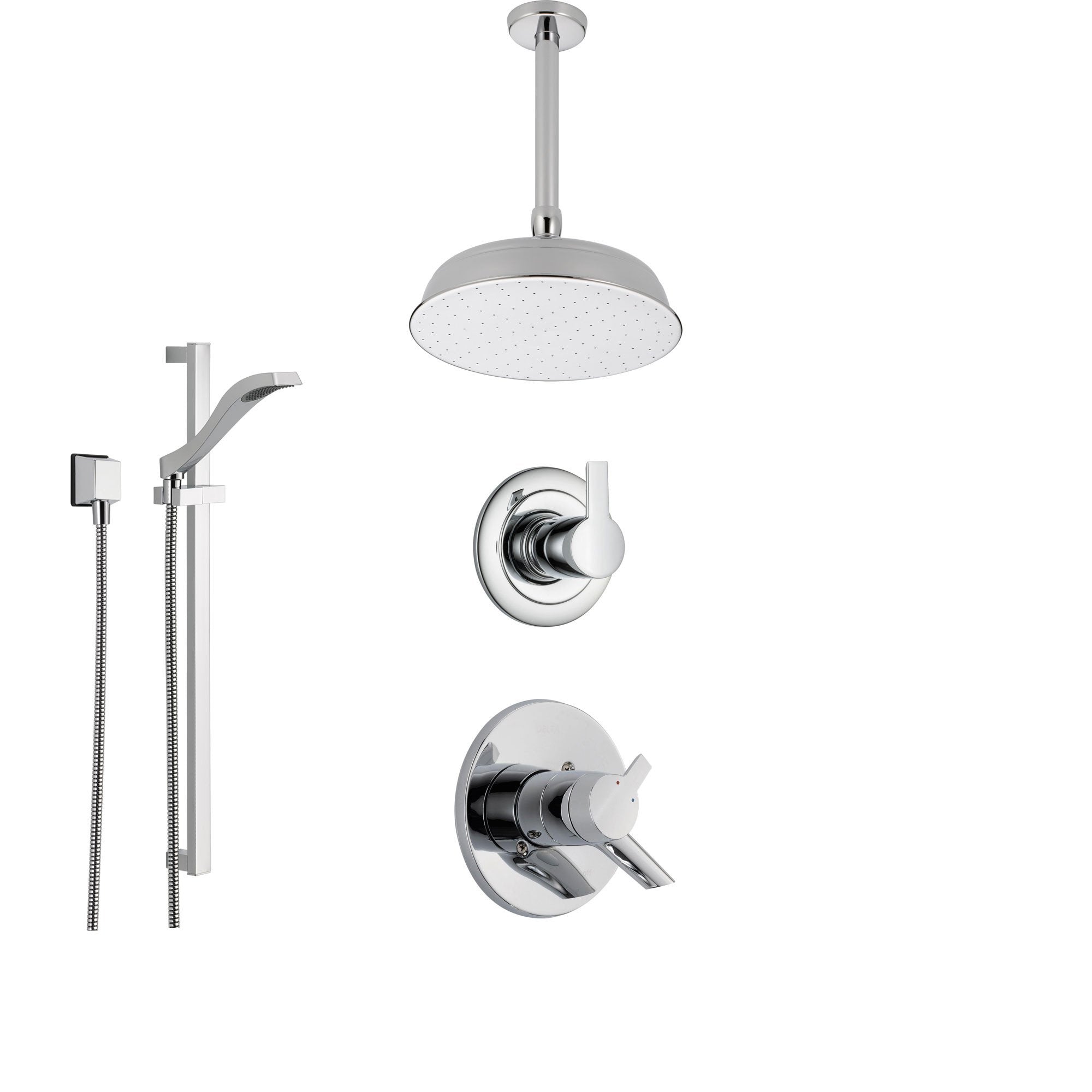 Delta Compel Chrome Shower System with Dual Control Shower Handle, 3-setting Diverter, Large Round Ceiling Mount Showerhead, and Handheld Shower Spray SS176181