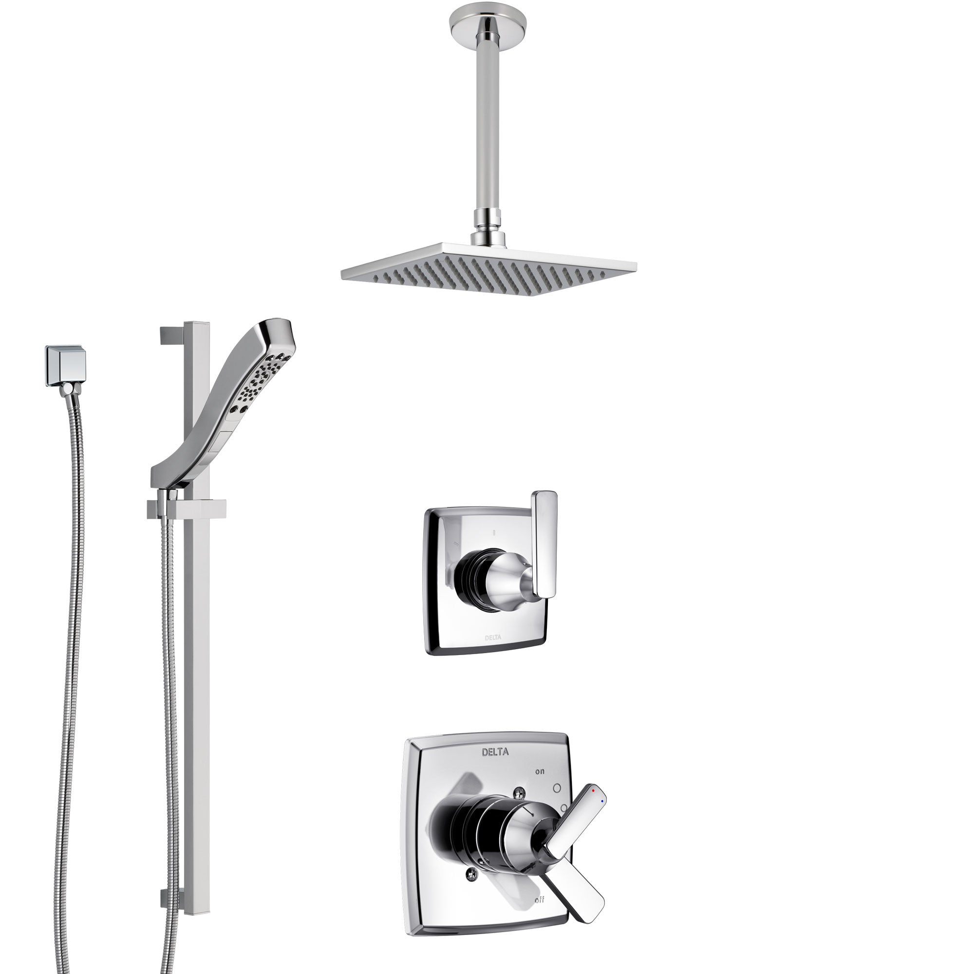 Delta Ashlyn Chrome Finish Shower System with Dual Control Handle, 3-Setting Diverter, Ceiling Mount Showerhead, and Hand Shower with Slidebar SS17642