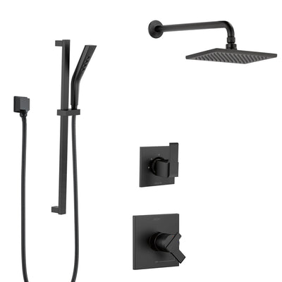 Delta Ara Matte Black Finish Wall Mounted Rain Showerhead and Hand Shower Sprayer on Slidebar Modern Shower System with Diverter SS17673BL4