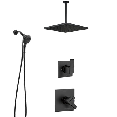 Delta Ara Matte Black Finish Dual Control Shower System with Diverter, Large Ceiling Mount Showerhead, and SureDock Detachable Hand Shower SS17673BL8