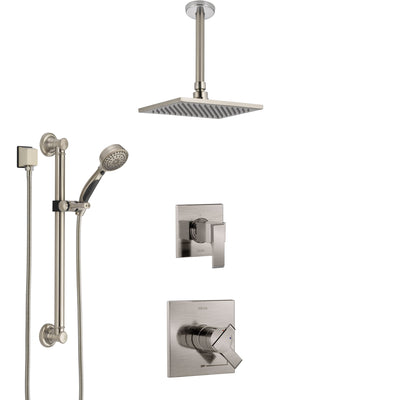 Delta Ara Stainless Steel Finish Shower System with Dual Control Handle, Diverter, Ceiling Mount Showerhead, and Hand Shower with Grab Bar SS1767SS3