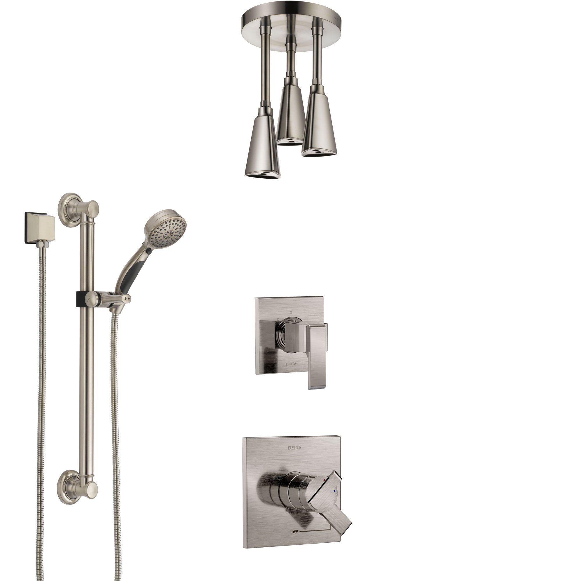 Delta Ara Stainless Steel Finish Shower System with Dual Control Handle, Diverter, Ceiling Mount Showerhead, and Hand Shower with Grab Bar SS1767SS4