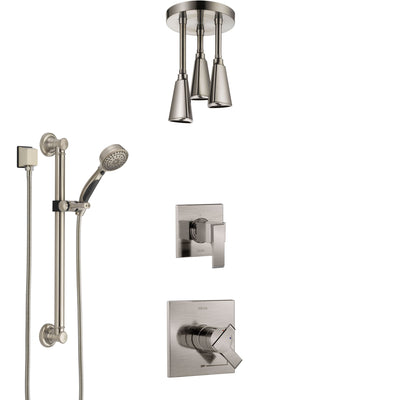 Delta Ara Stainless Steel Finish Shower System with Dual Control Handle, Diverter, Ceiling Mount Showerhead, and Hand Shower with Grab Bar SS1767SS4