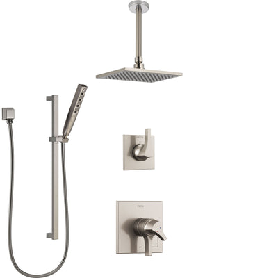 Delta Zura Stainless Steel Finish Shower System with Dual Control Handle, Diverter, Ceiling Mount Showerhead, and Hand Shower with Slidebar SS1774SS3