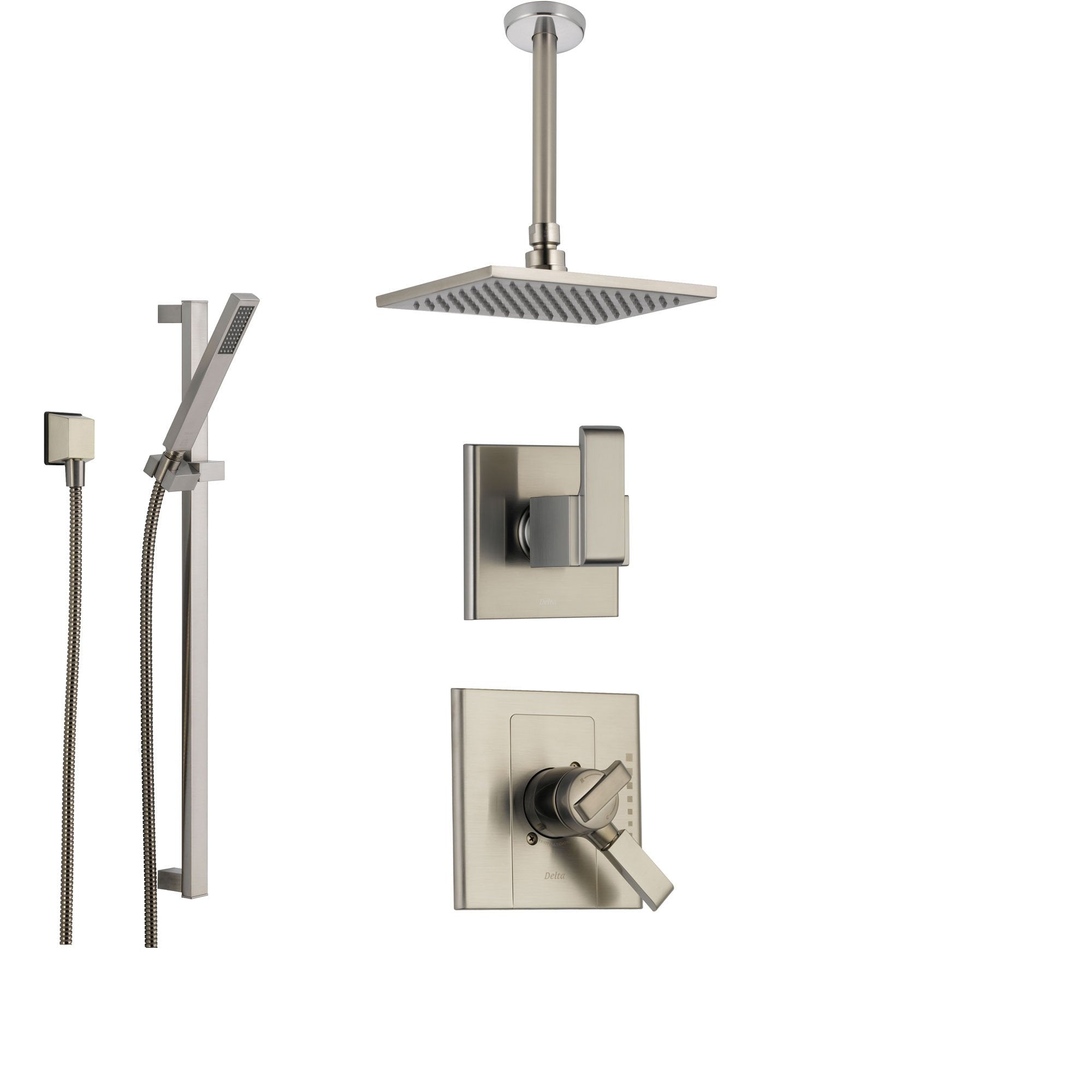 Delta Arzo Stainless Steel Shower System with Dual Control Shower Handle, 3-setting Diverter, Modern Square Ceiling Mount Showerhead, and Hand Shower Spray SS178681SS