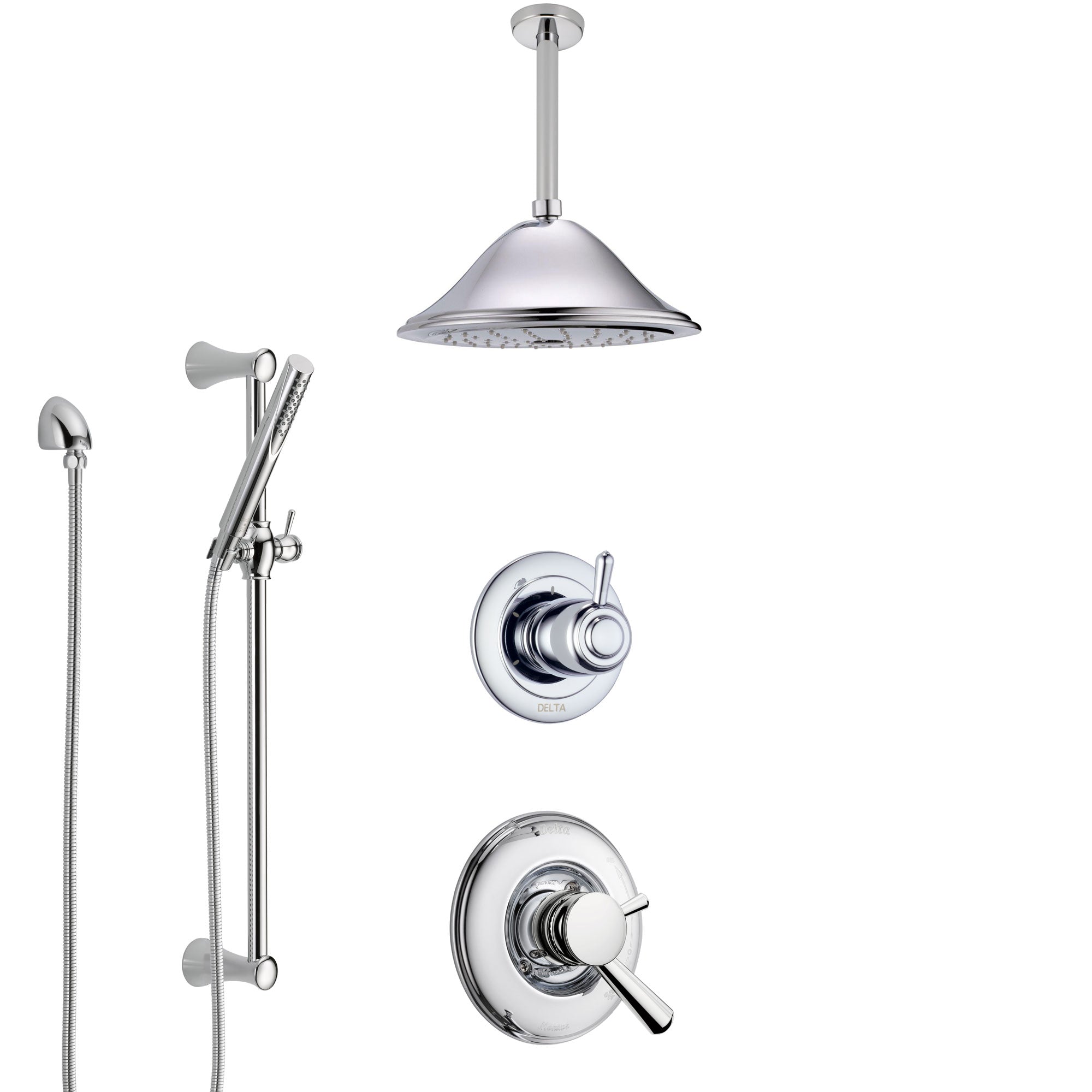 Delta Linden Chrome Finish Shower System with Dual Control Handle, 3-Setting Diverter, Ceiling Mount Showerhead, and Hand Shower with Slidebar SS17931