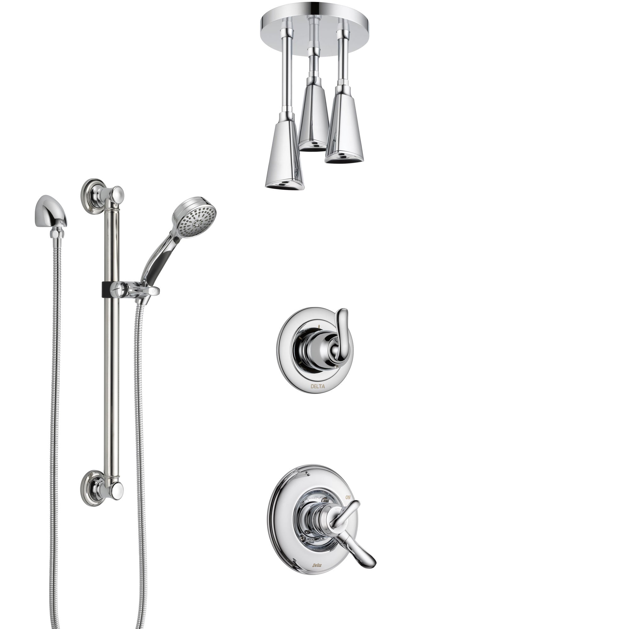 Delta Linden Chrome Finish Shower System with Dual Control Handle, 3-Setting Diverter, Ceiling Mount Showerhead, and Hand Shower with Grab Bar SS17941