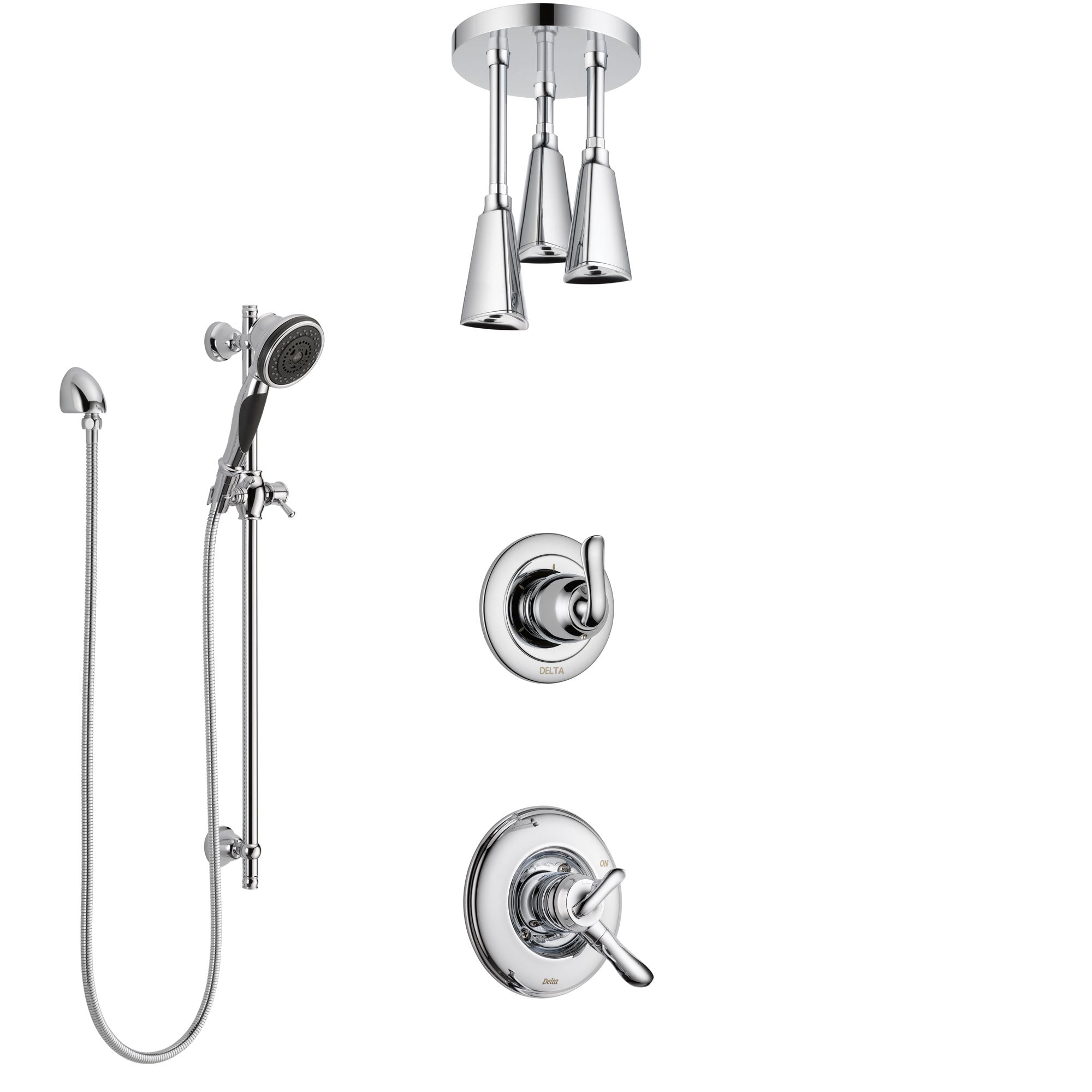 Delta Linden Chrome Finish Shower System with Dual Control Handle, 3-Setting Diverter, Ceiling Mount Showerhead, and Hand Shower with Slidebar SS17942