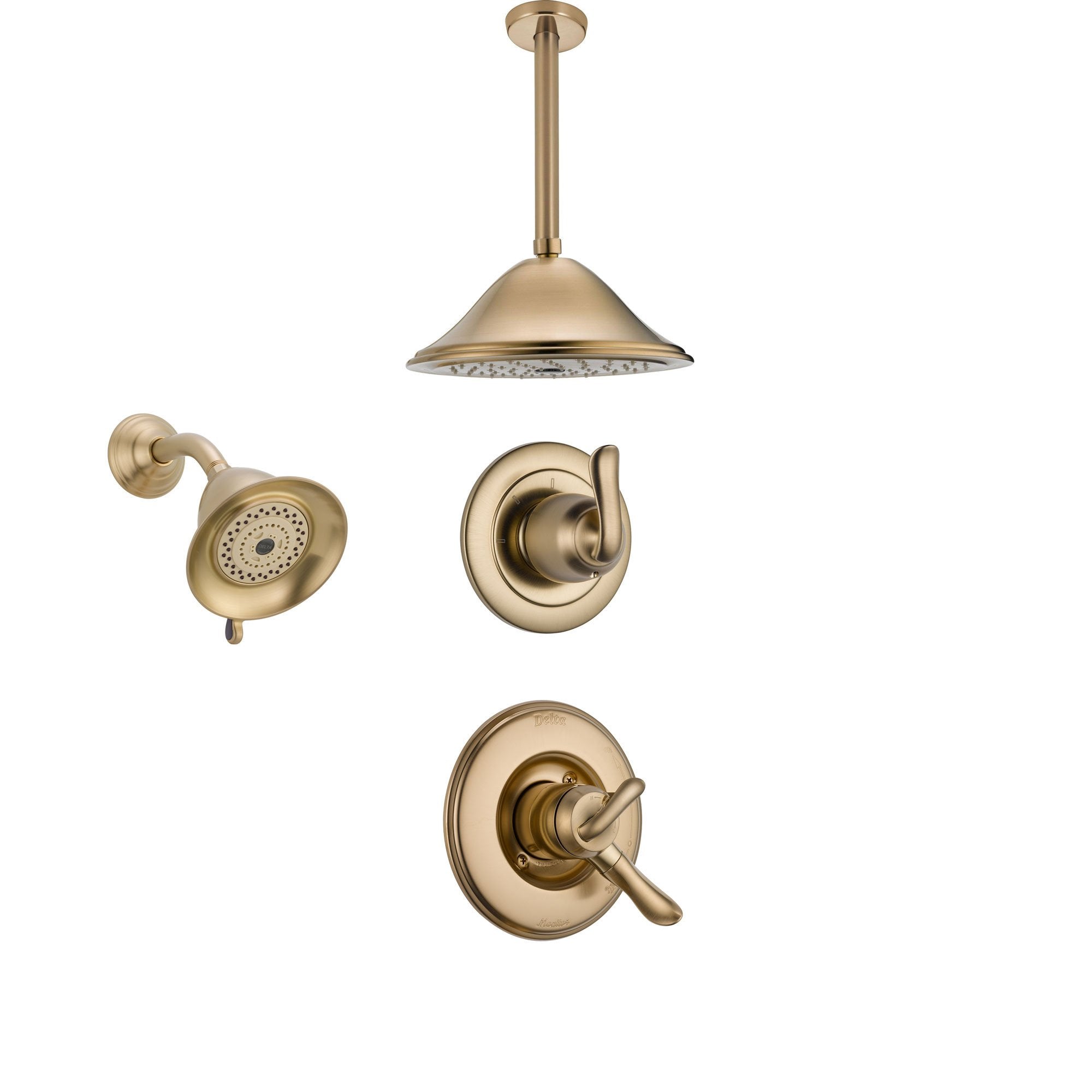 Delta Linden Champagne Bronze Shower System with Dual Control Shower Handle, 3-setting Diverter, Large Rain Ceiling Mount Showerhead, and Wall Mount Showerhead SS179485CZ