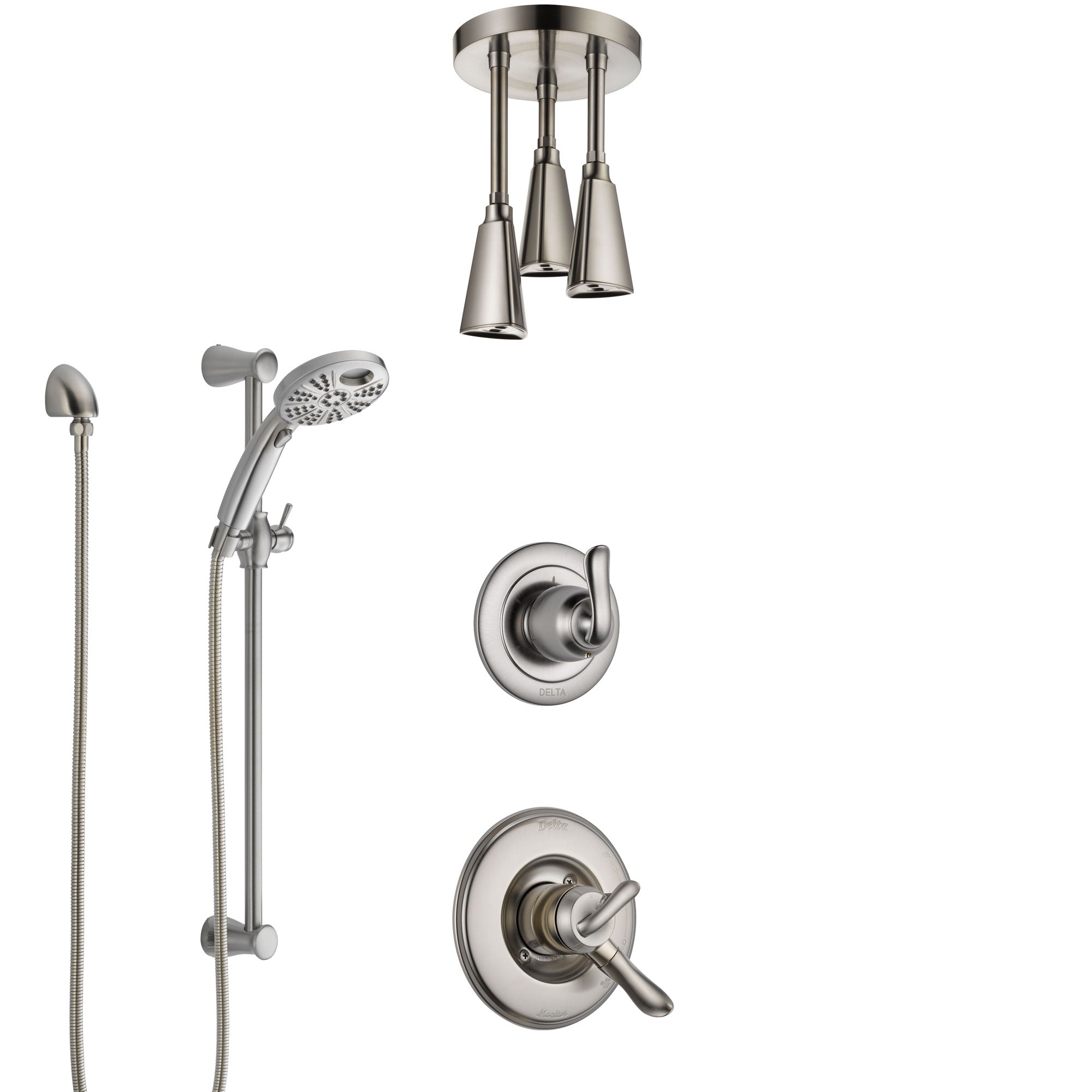 Delta Linden Dual Control Handle Stainless Steel Finish Shower System, Diverter, Ceiling Mount Showerhead, and Temp2O Hand Shower SS1794SS4