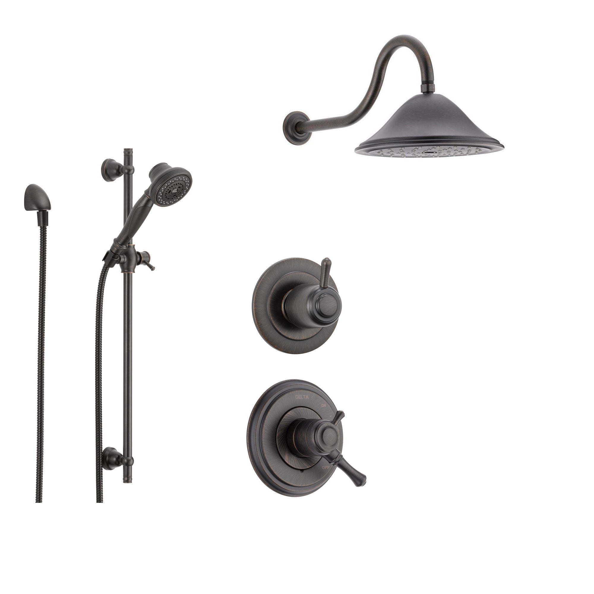 Delta Cassidy Venetian Bronze Shower System with Dual Control Shower Handle, 3-setting Diverter, Large Rain Shower Head, and Handheld Shower Spray SS179782RB