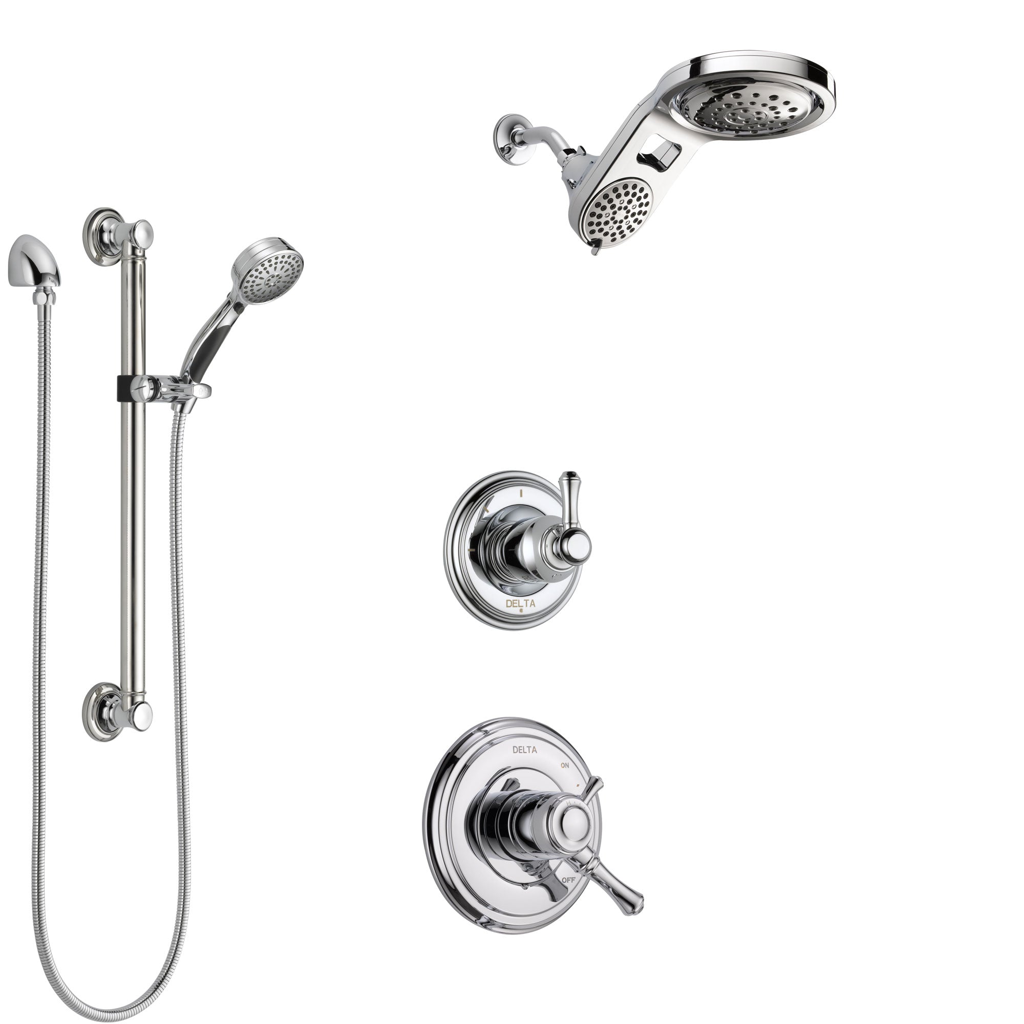 Delta Cassidy Chrome Finish Shower System with Dual Control Handle, 3-Setting Diverter, Dual Showerhead, and Hand Shower with Grab Bar SS17978