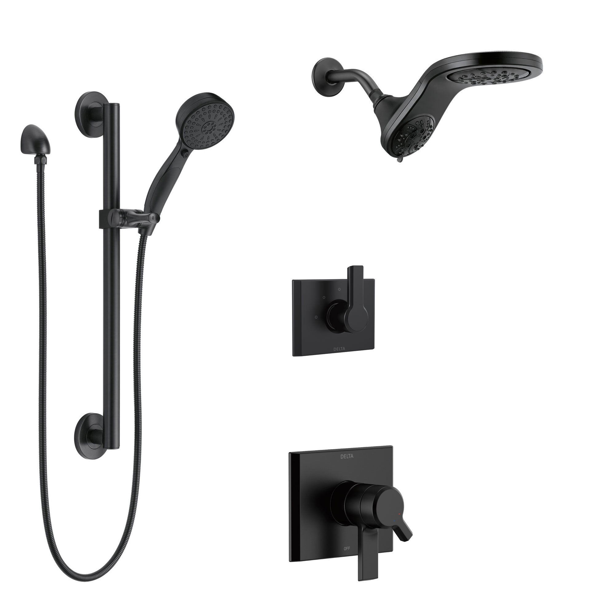 Delta Pivotal Matte Black Finish Shower System and Diverter with Dual Showerhead HydroRain Fixture and Hand Shower with Grab Bar SS17993BL12