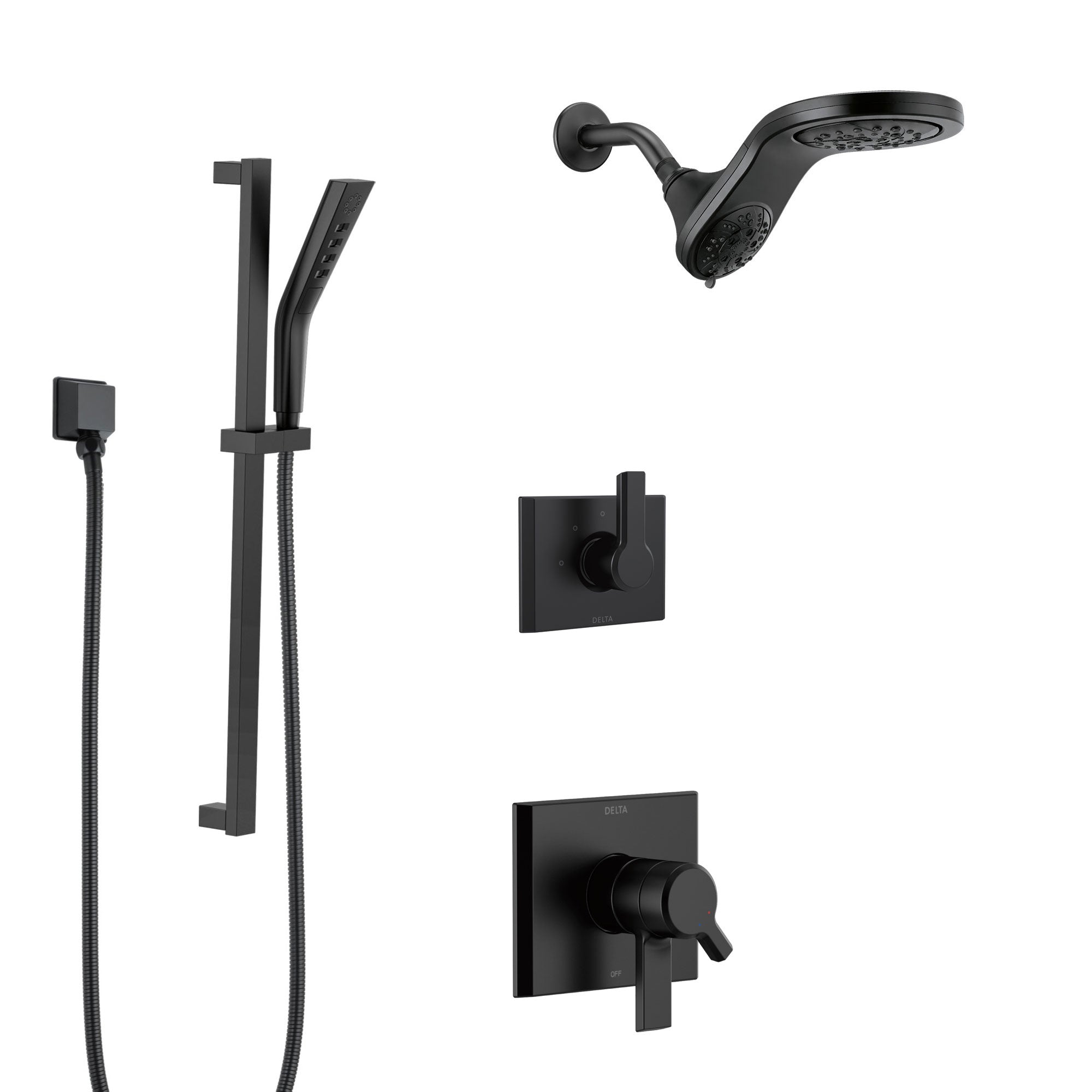 Delta Pivotal Matte Black Finish Shower System and Diverter with Dual Showerhead HydroRain Fixture and Hand Shower with Slidebar SS17993BL13