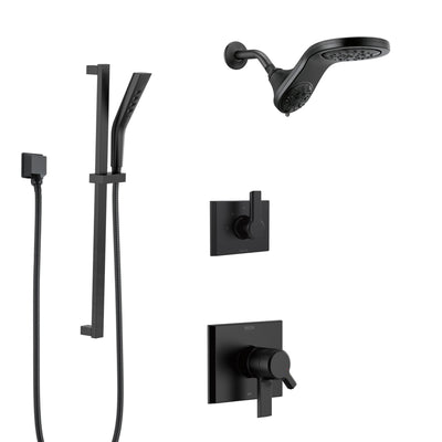 Delta Pivotal Matte Black Finish Shower System and Diverter with Dual Showerhead HydroRain Fixture and Hand Shower with Slidebar SS17993BL13