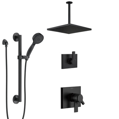 Delta Pivotal Matte Black Finish Square Dual Control Shower System with Large Ceiling Mount Rain Showerhead and Grab Bar Mount Hand Sprayer SS17993BL1