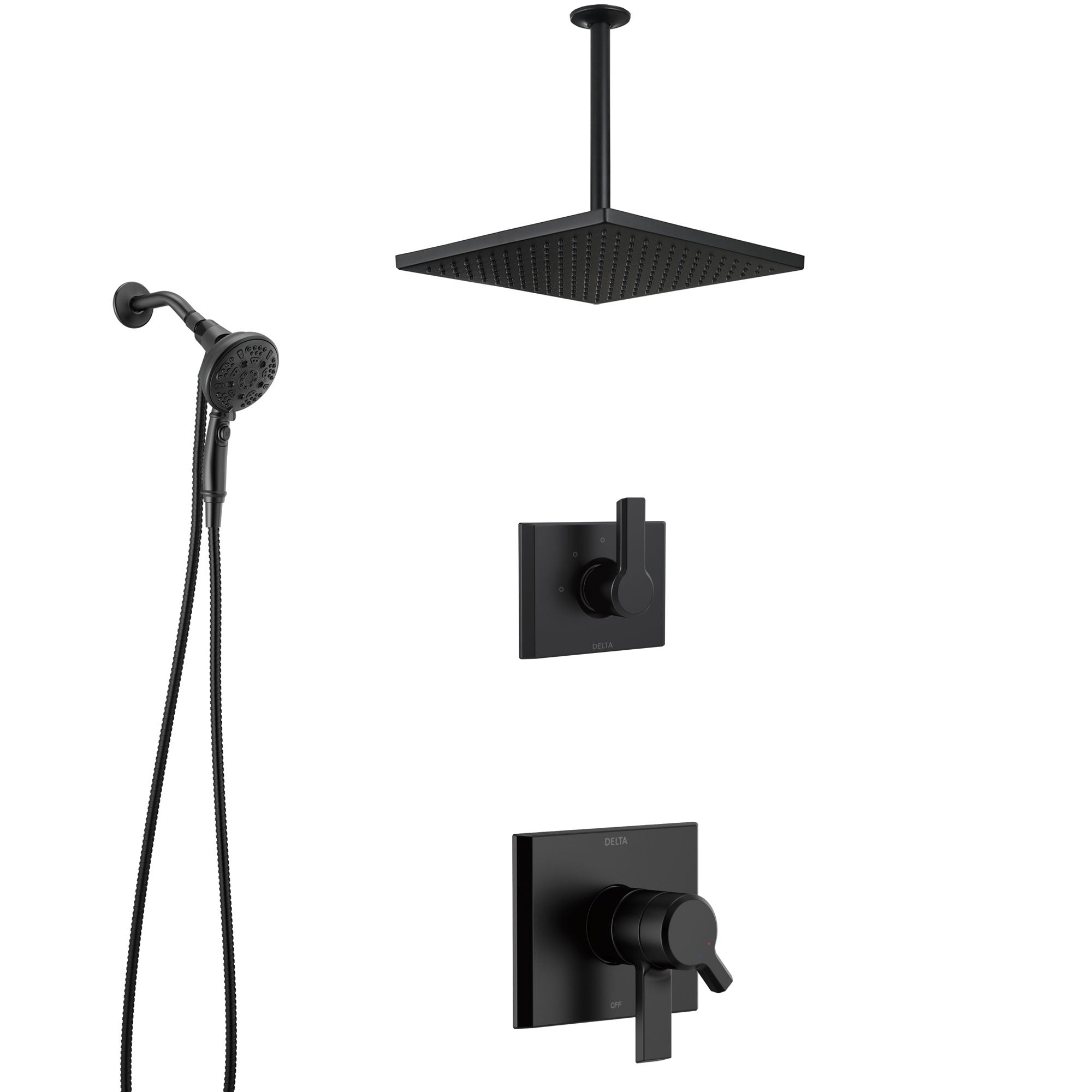 Delta Pivotal Matte Black Finish Modern Shower System with Large Ceiling Mount Showerhead, Diverter, and SureDock Hand Shower Fixture SS17993BL8