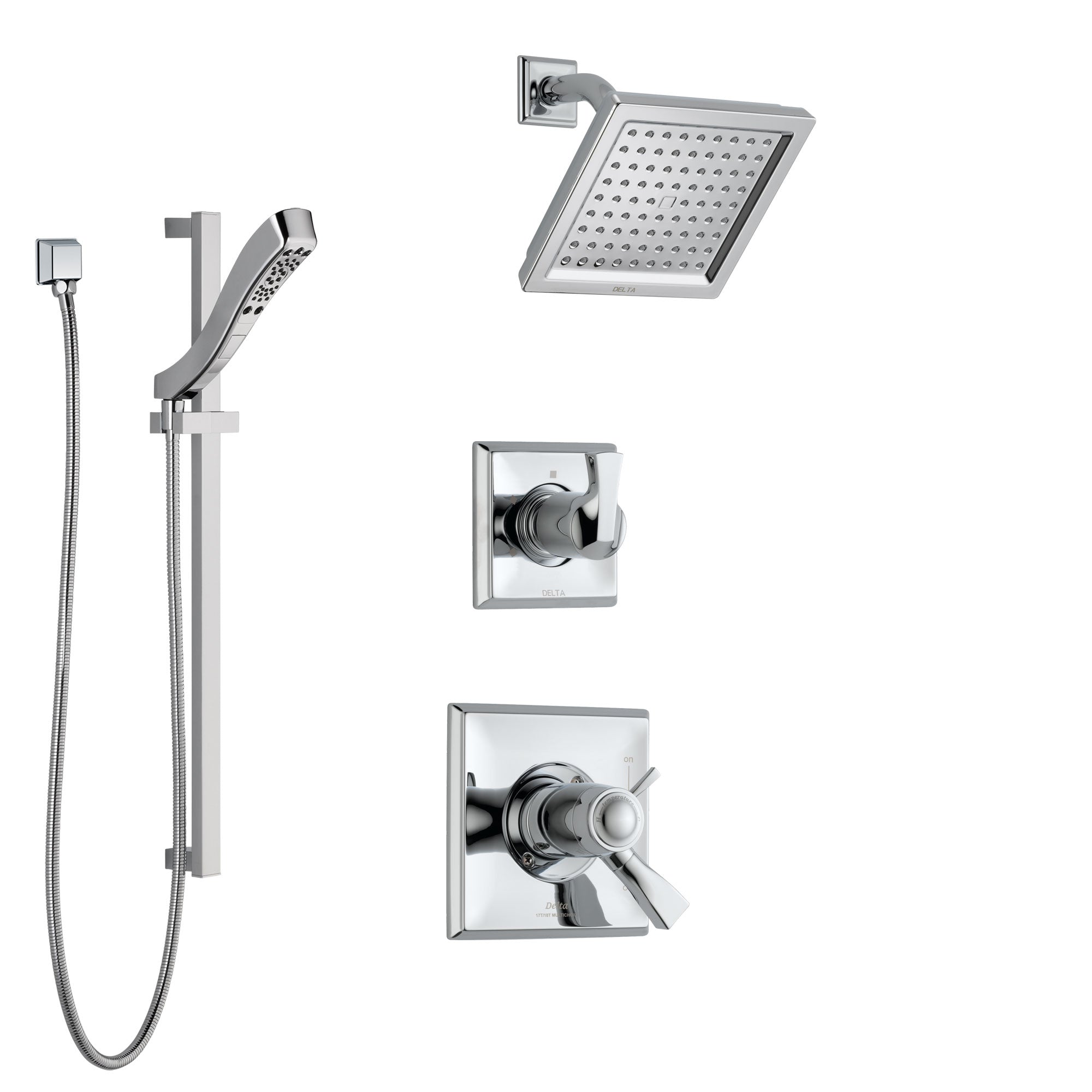 Delta Dryden Chrome Finish Shower System with Dual Thermostatic Control Handle, Diverter, Showerhead, and Hand Shower with Slidebar SS17T25116