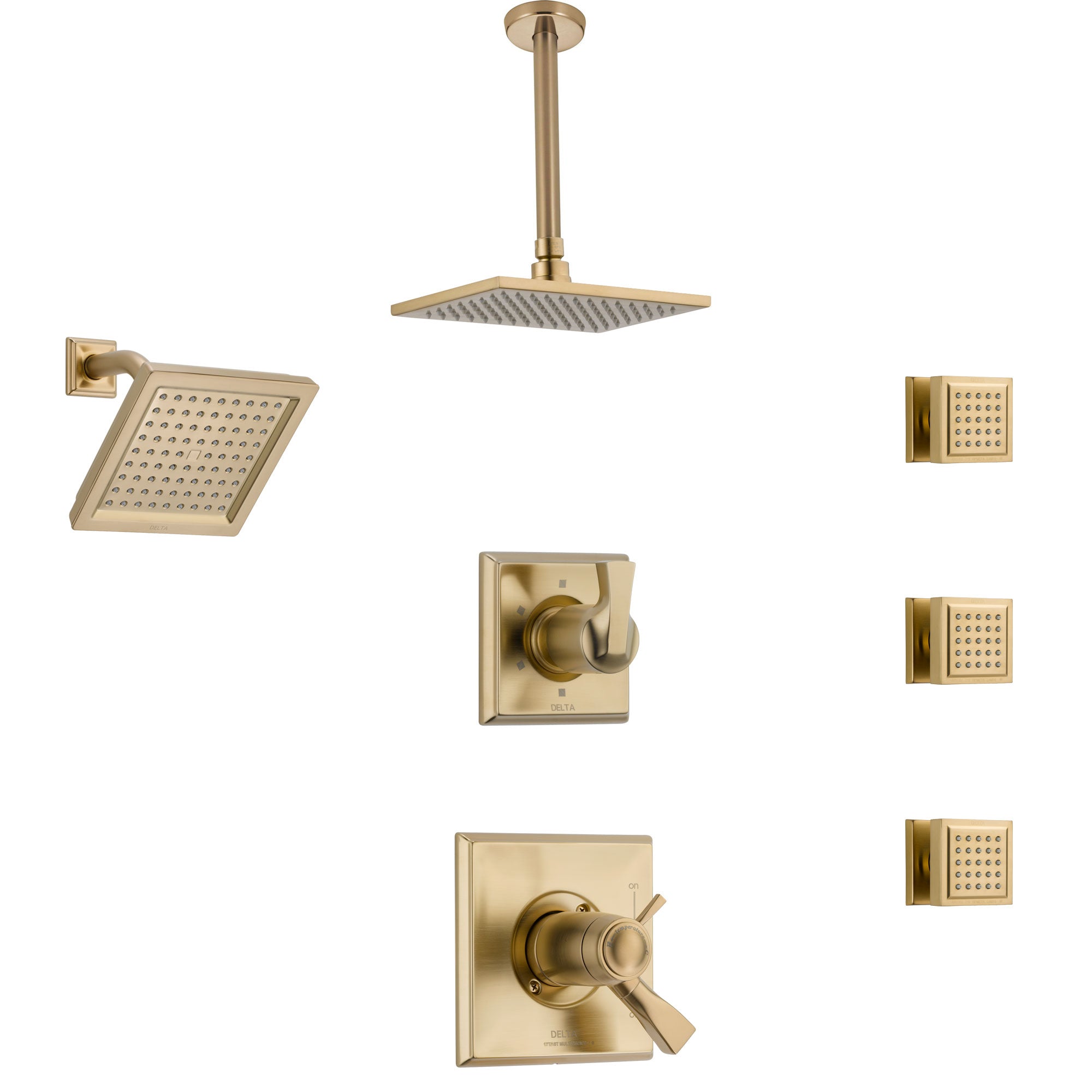 Delta Dryden Champagne Bronze Shower System with Dual Thermostatic Control, Diverter, Showerhead, Ceiling Showerhead, and 3 Body Sprays SS17T2512CZ3