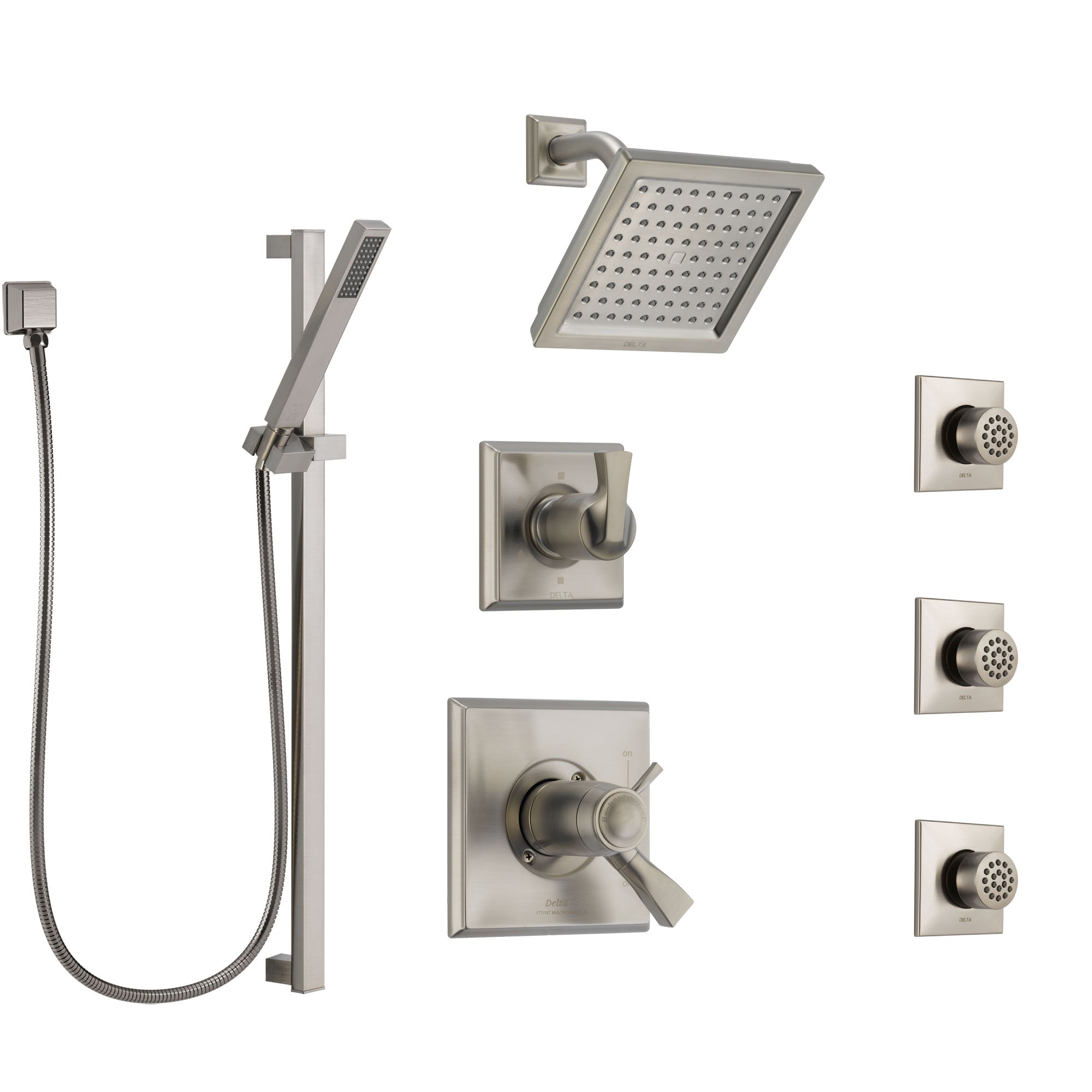 Delta Dryden Dual Thermostatic Control Stainless Steel Finish Shower System, Diverter, Showerhead, 3 Body Sprays, and Hand Shower SS17T2512SS3