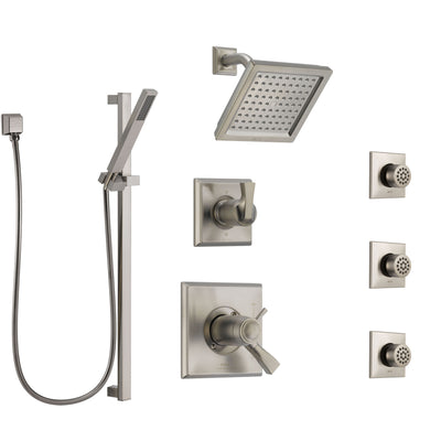 Delta Dryden Dual Thermostatic Control Stainless Steel Finish Shower System, Diverter, Showerhead, 3 Body Sprays, and Hand Shower SS17T2512SS3