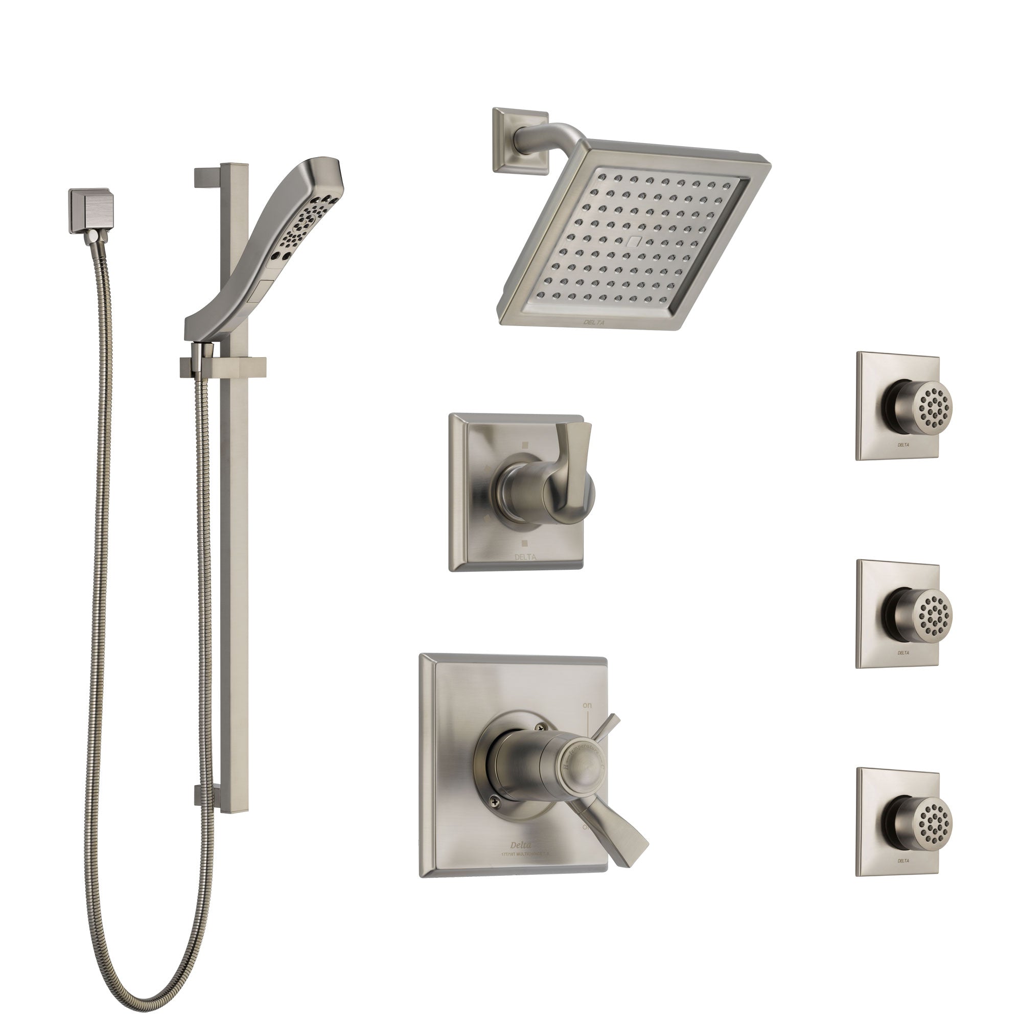 Delta Dryden Dual Thermostatic Control Stainless Steel Finish Shower System, Diverter, Showerhead, 3 Body Sprays, and Hand Shower SS17T2512SS6