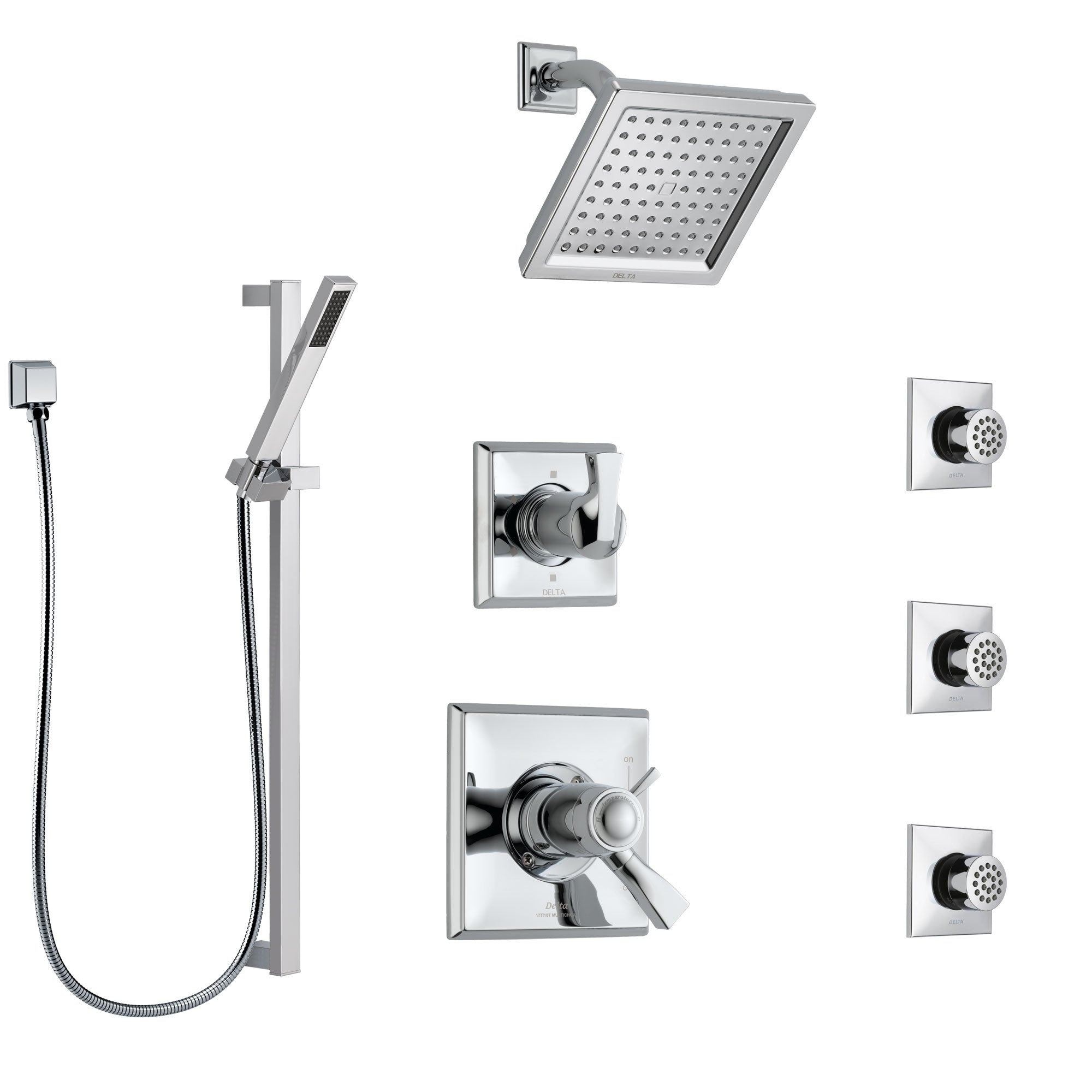 Delta Dryden Chrome Shower System with Dual Thermostatic Control Handle, 6-Setting Diverter, Showerhead, 3 Body Sprays, and Hand Shower SS17T25144