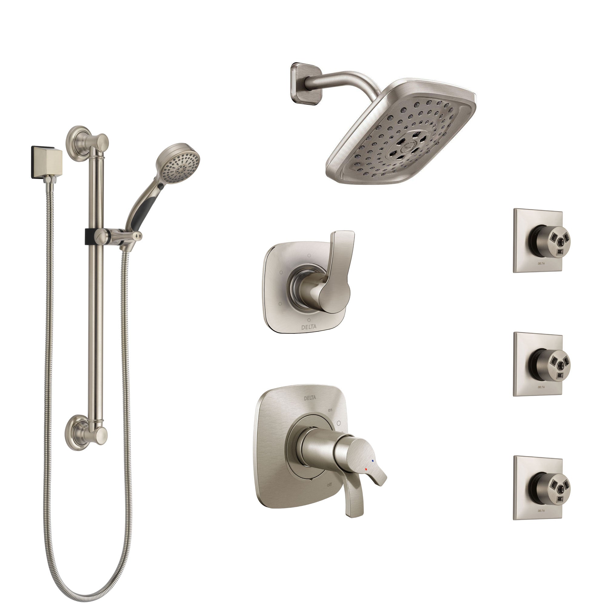 Delta Tesla Dual Thermostatic Control Stainless Steel Finish Shower System, Diverter, Showerhead, 3 Body Sprays, and Grab Bar Hand Shower SS17T2521SS1