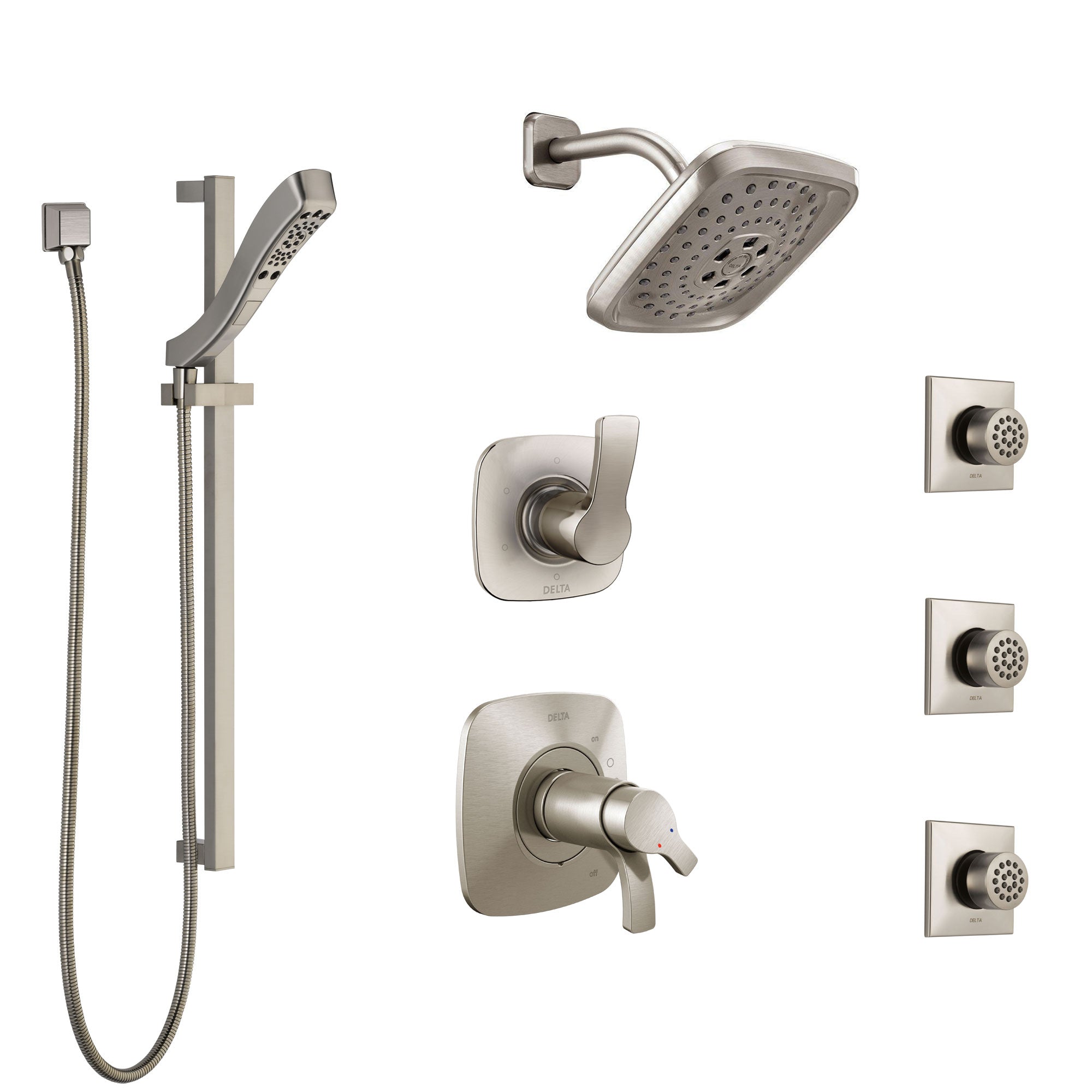 Delta Tesla Dual Thermostatic Control Stainless Steel Finish Shower System, Diverter, Showerhead, 3 Body Sprays, and Hand Shower SS17T2521SS3