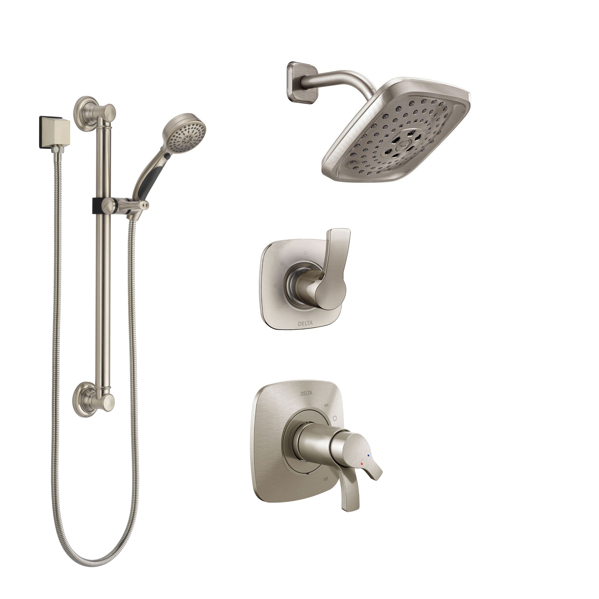 Delta Tesla Dual Thermostatic Control Handle Stainless Steel Finish Shower System, Diverter, Showerhead, and Hand Shower with Grab Bar SS17T2522SS3