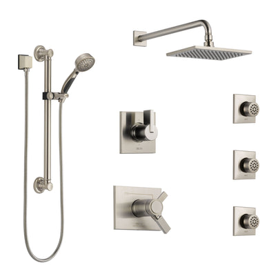 Delta Vero Dual Thermostatic Control Stainless Steel Finish Shower System, Diverter, Showerhead, 3 Body Sprays, and Grab Bar Hand Shower SS17T2532SS2