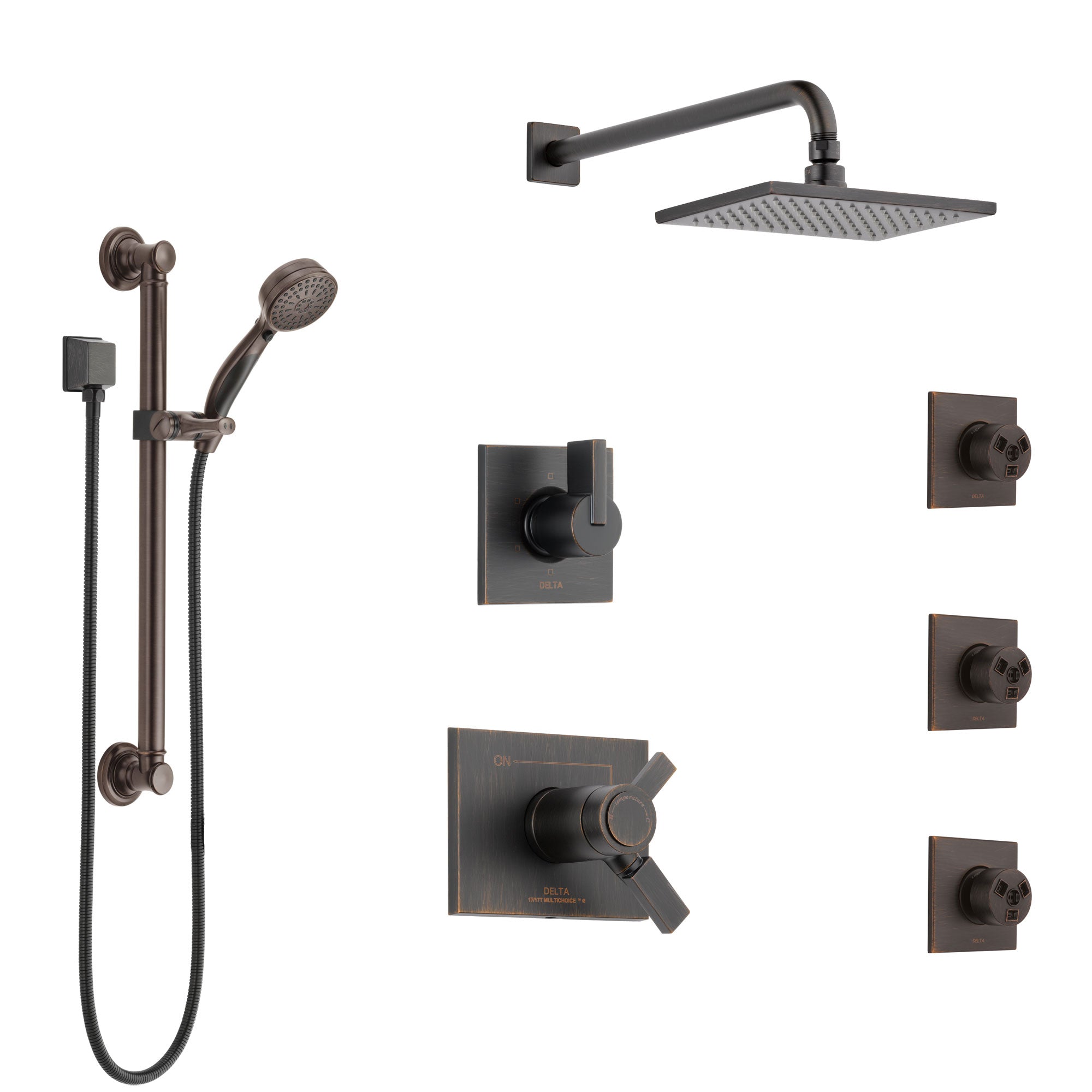 Delta Vero Venetian Bronze Shower System with Dual Thermostatic Control, Diverter, Showerhead, 3 Body Sprays, and Grab Bar Hand Shower SS17T2533RB2