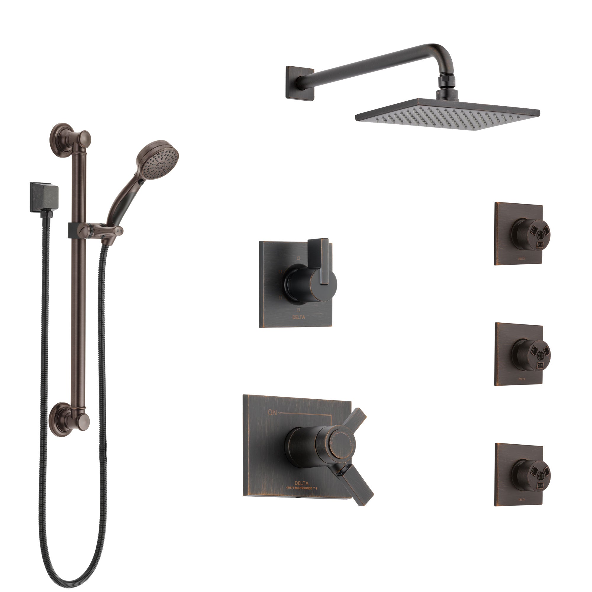 Delta Vero Venetian Bronze Shower System with Dual Thermostatic Control, Diverter, Showerhead, 3 Body Sprays, and Grab Bar Hand Shower SS17T2534RB1