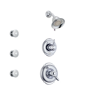 Delta Victorian Chrome Finish Shower System with Dual Thermostatic Control Handle, 3-Setting Diverter, Showerhead, and 3 Body Sprays SS17T25511