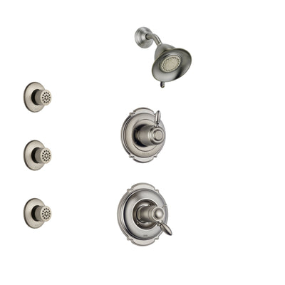 Delta Victorian Dual Thermostatic Control Handle Stainless Steel Finish Shower System, 3-Setting Diverter, Showerhead, and 3 Body Sprays SS17T2551SS2