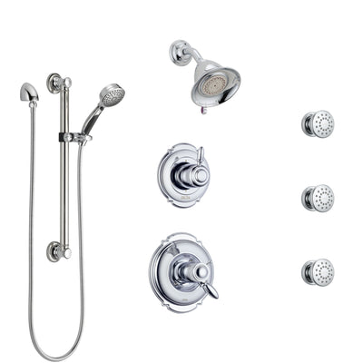 Delta Victorian Chrome Shower System with Dual Thermostatic Control, Diverter, Showerhead, 3 Body Sprays, and Hand Shower with Grab Bar SS17T25521